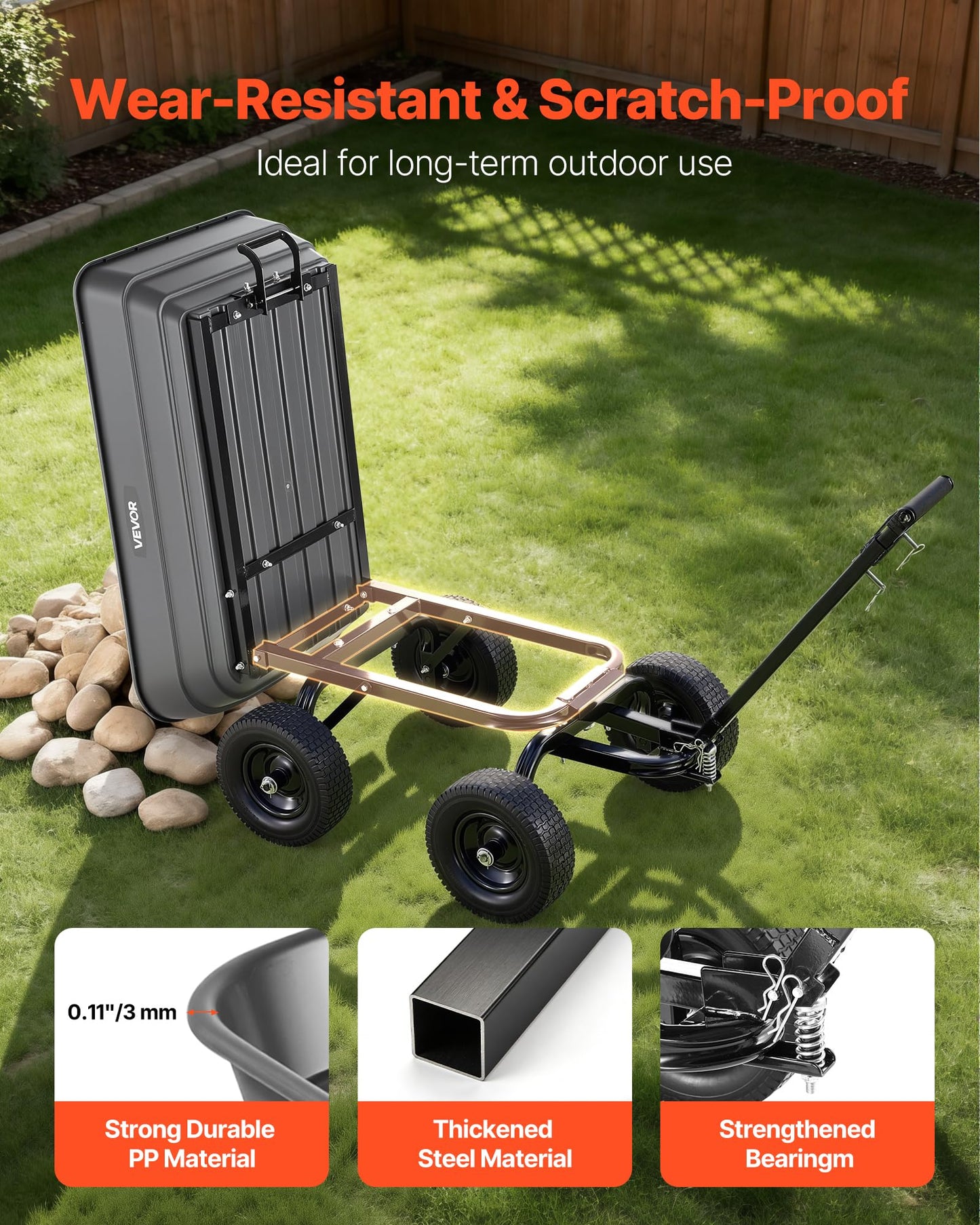 VEVOR 7 Cu.Ft 1200LBS Poly Garden Cart Dump Wagon, Heavy Duty Wheelbarrow with 2-in-1 Convertible Handle and 13" Flat Free Tires, Utility ATV Trailer Yard Dump Cart Tow Behind for Lawn Mower Tractor