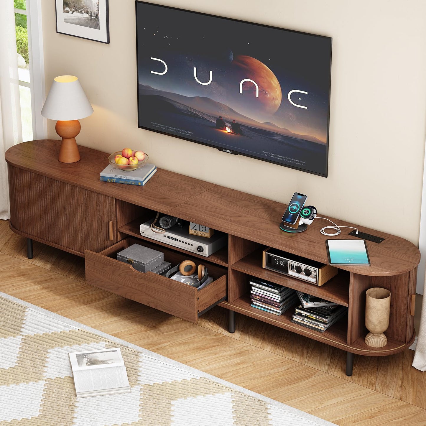 ONBRILL 94.5" TV Stand with Power Outlet for TVs up to 102", Entertainment Center with Storage and Drawer, TV Console w/Adjustable Shelves and Sliding Door, TV Stand for Living Room, Bedroom, Walnut