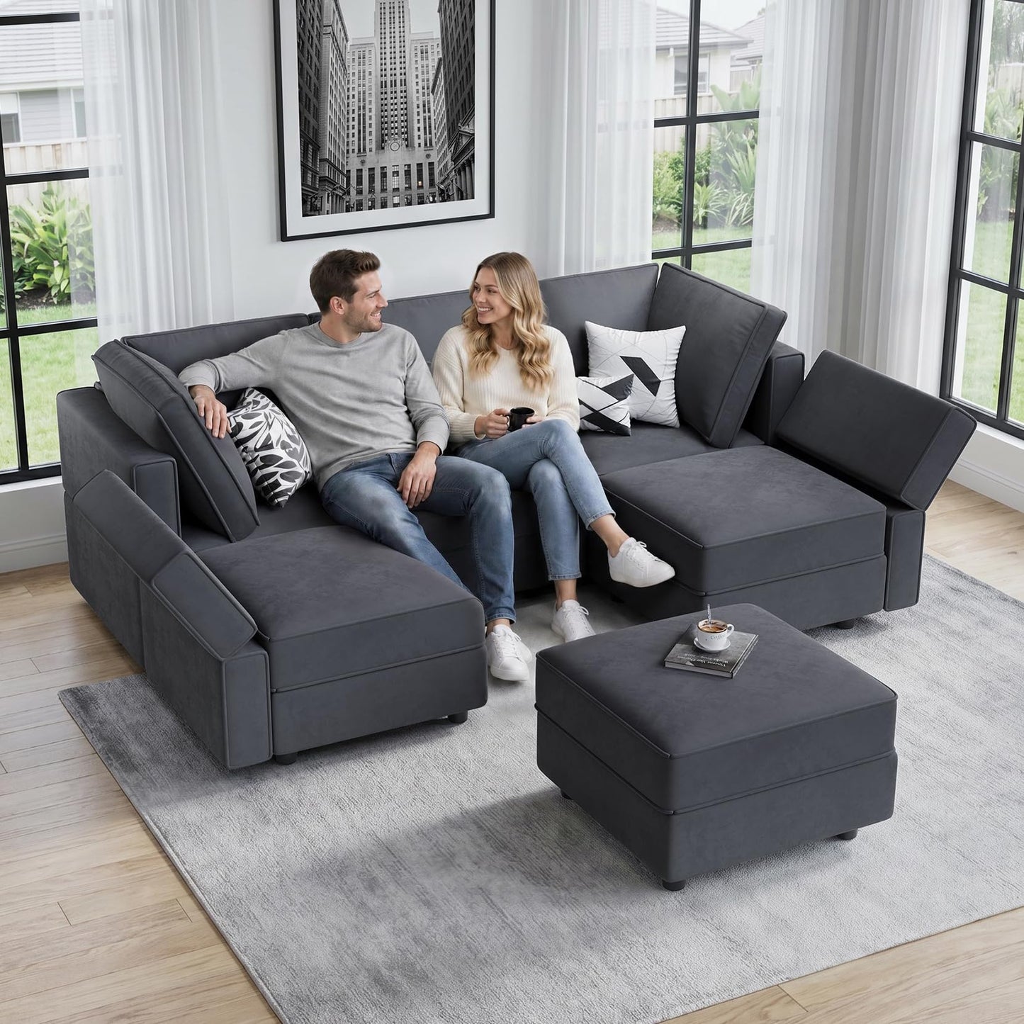 Vesgantti Sectional Sleeper Sofas with Storage, 92" Sofa Bed with 6 Seats Storage Chaises Removable Cover, Deep Seat Modular Couches Velvet Couch Set for Living Room, Apartment, Home Theater, Gray