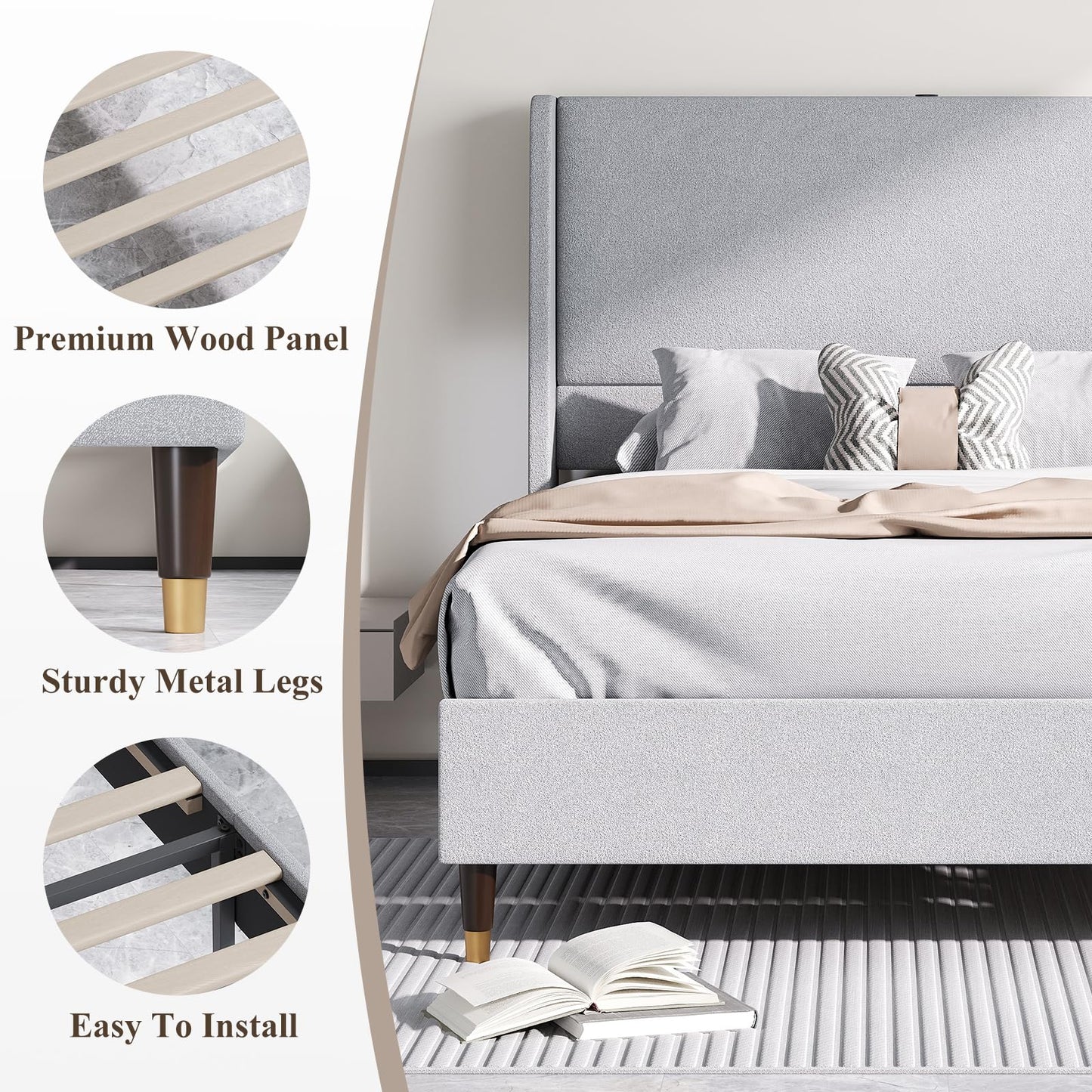 MALOL Queen Bed Frame with Upholstered Linen Headboard, Platform Bed with USB Charging Ports, Sturdy Metal Frame, No Box Spring Required, Quiet Noise-Free Modern Bedroom Furniture, Grey