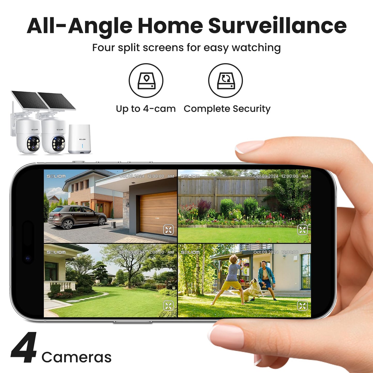 SOLIOM- 5MP Security Cameras Wireless Outdoor, No Subscription & Solar Powered,2-Cam Pack Home Security Camera with 360° Auto Human Motion Tracking, 3K Color Night Vision,5G & 2.4G Router Compatible