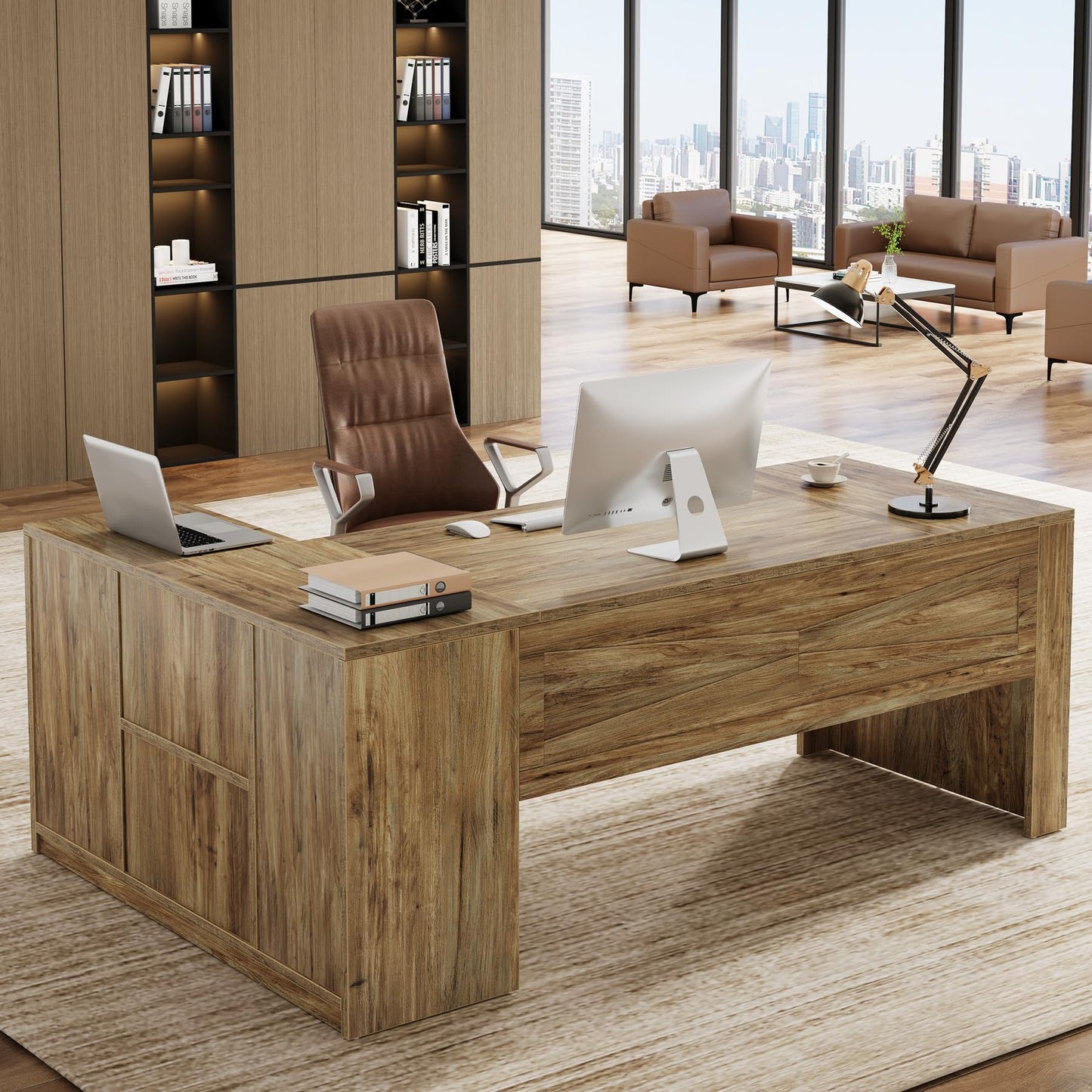 Tribesigns 71 Inch Executive Desk with Storage Cabinet, Large Office Desk L Shaped Computer Desk with Storage Shelves, Business Furniture Desk Workstation for Home Office, Rustic Brown
