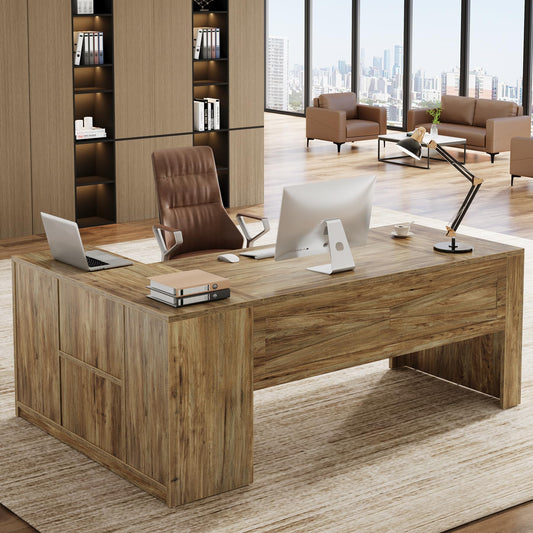 Tribesigns 71 Inch Executive Desk with Storage Cabinet, Large Office Desk L Shaped Computer Desk with Storage Shelves, Business Furniture Desk Workstation for Home Office, Rustic Brown