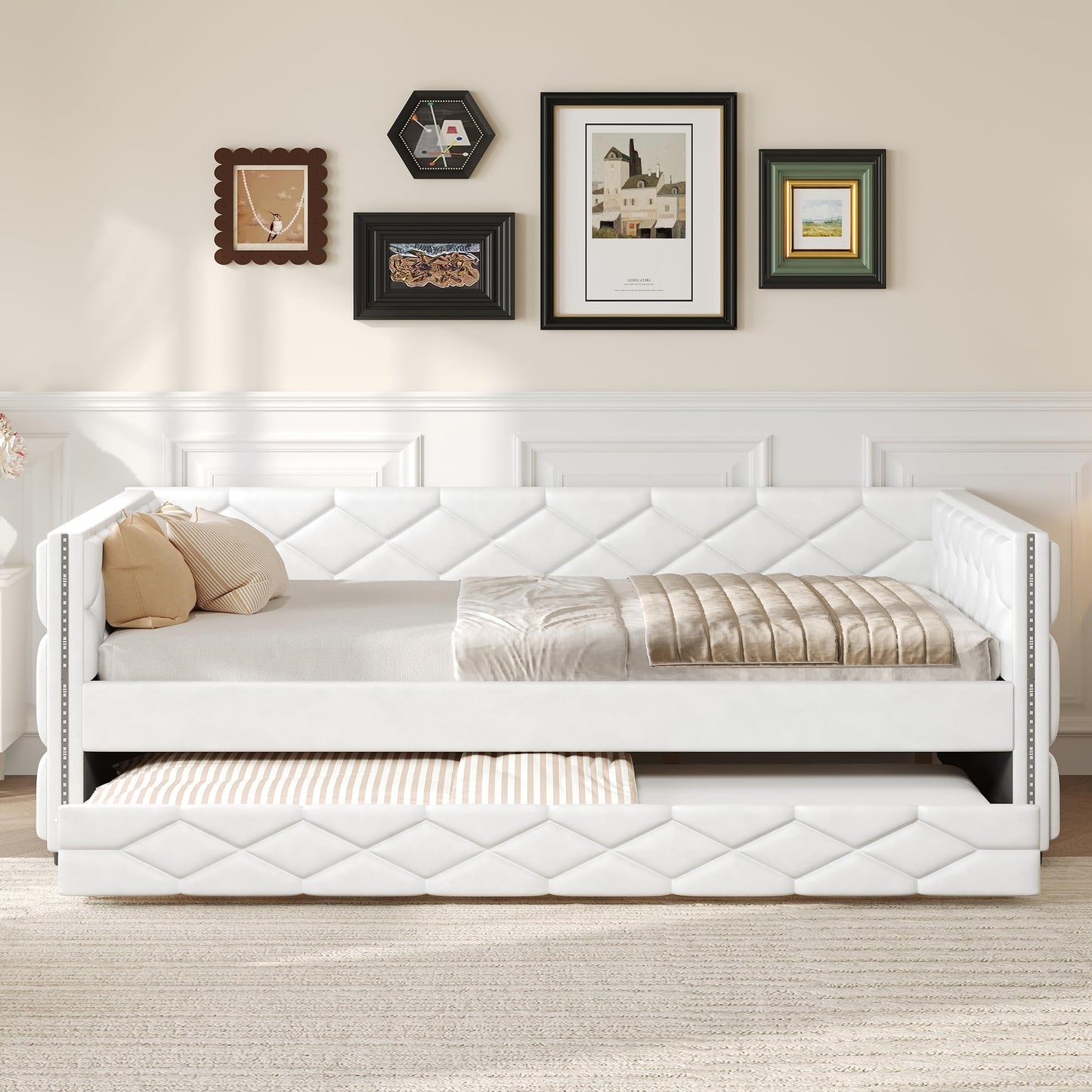 Merax Full XL Upholstered Daybed with Trundle, Modern PU Leather Sofa Bed Frame with Pull-Out Bed, Tufted Daybed Couch for Living Room Guest Room, No Box Spring Needed, White
