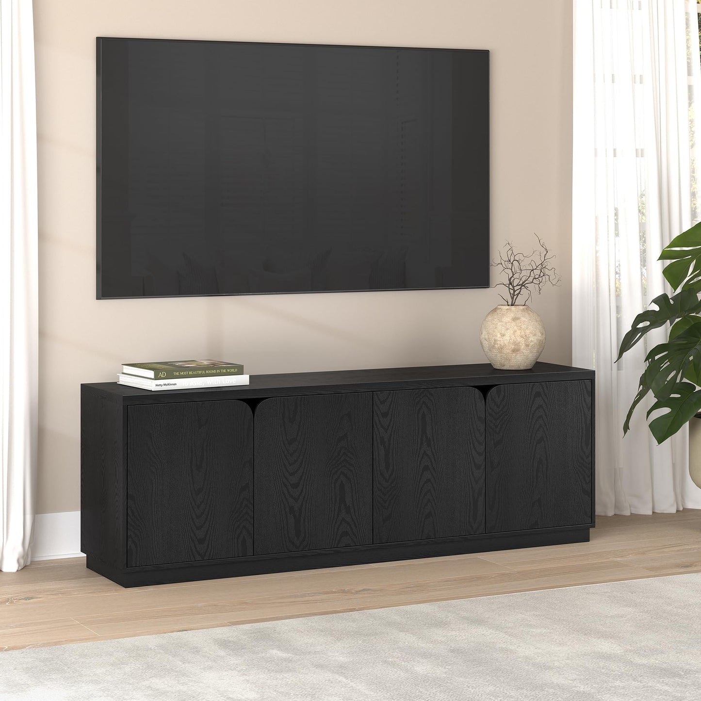 Henn&Hart TV Stand for TVs up to 78" with Concealed Storage Cabinets and Adjustable Shelves for Living Room, Family Room, or Office, Natural Black
