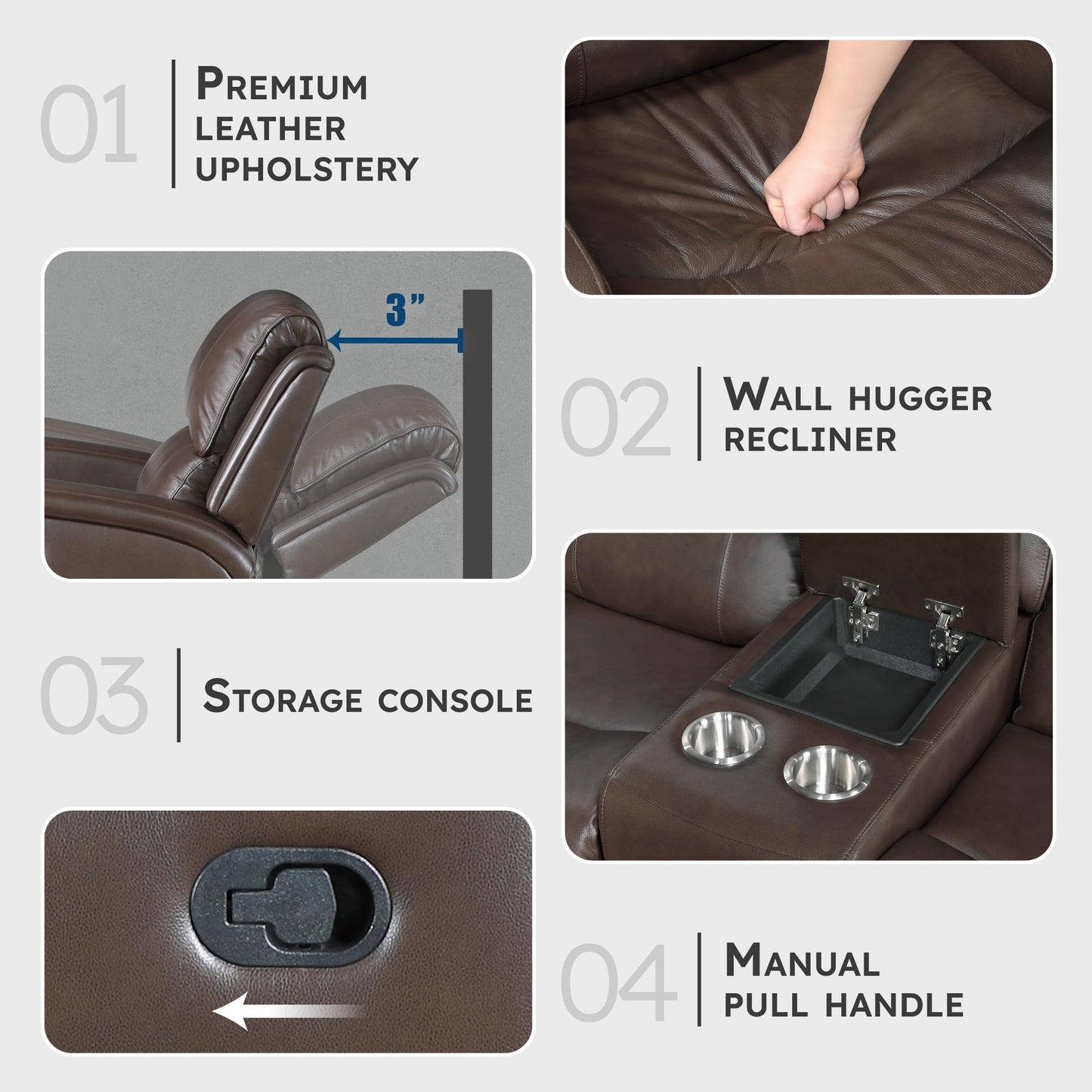 Lexicon Manual Double Reclining Loveseat with Center Console, Top Grain Leather Match Wall Hugger Recliner Loveseat, Storage, Cup Holders, High Density Foam Over Pocket Coils, for Living Room, Brown