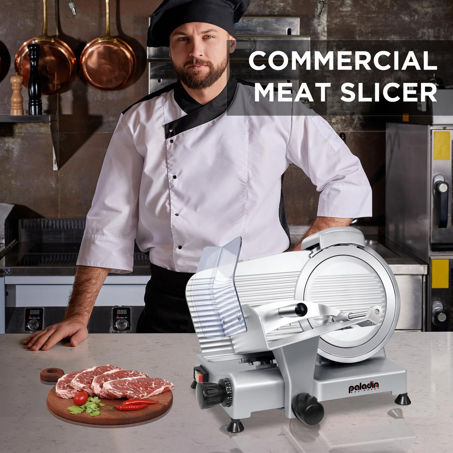 Paladin Equipment 10" Commercial Meat Slicer, Electric Deli Slicer with Stainless Steel Blade, Adjustable Thickness and Built-in Sharpener, Food Slicer for Meat, Bread and Cheese, Simple to Clean