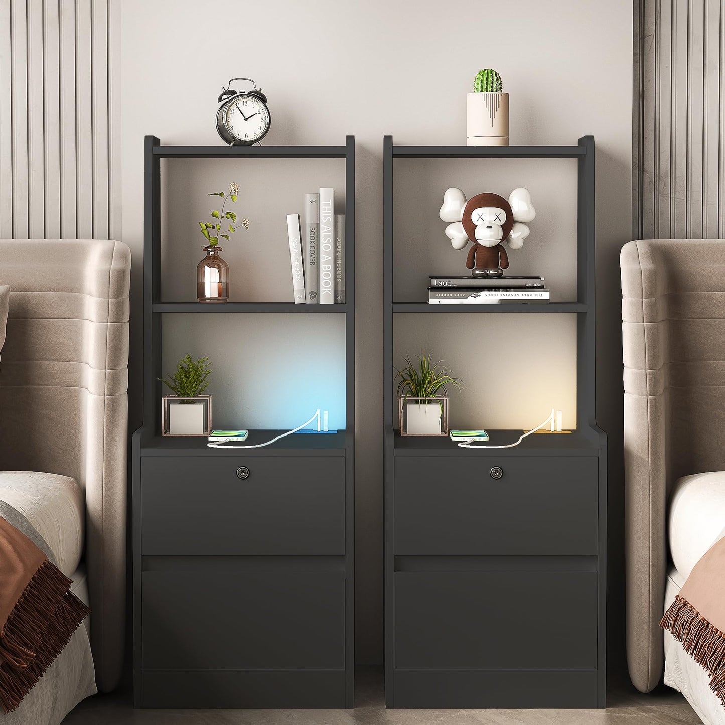 Black Nightstand with Charging Station & Night Light, Modern Black Bedside Table with Bookshelf & Storage Cabinet for Bedroom, 41InchTall Nightstand for Bedroom - W15.74 x D15.74 x H41.14