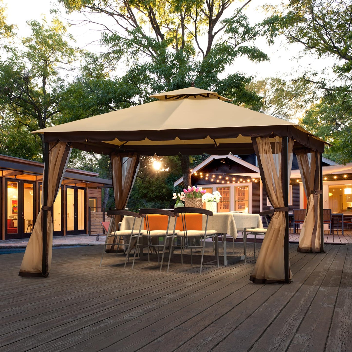 Bezseller 10x12 Outdoor Patio Gazebo with Powder-Coated Metal Frame, Stable Double-Tier Canopy with Zip Mesh Sidewalls for Backyard Dining & Entertaining, Khaki