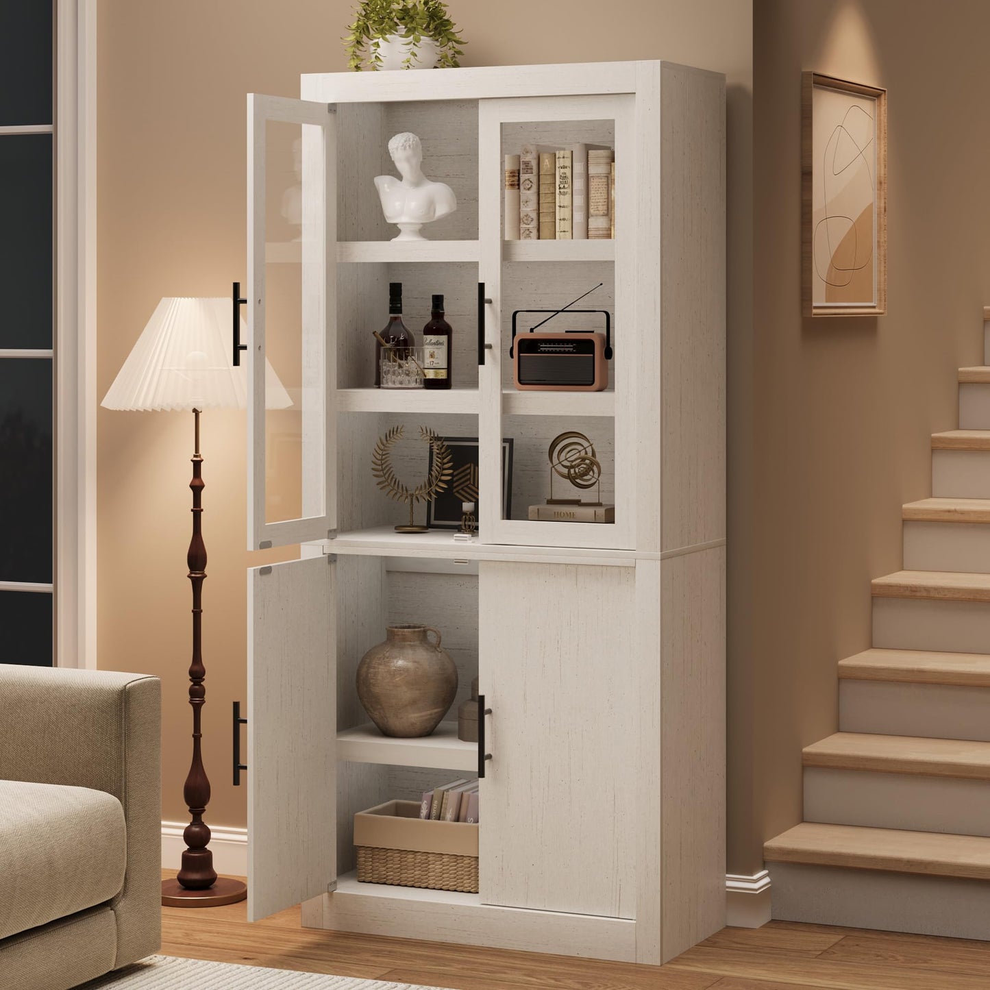 Garvee Tall Kitchen Pantry Cabinet, Farmhouse Wood Storage Cabinet with 4 Doors and Adjustable Shelves, Sturdy Frame, 70.45" Large Office Bookcase Cabinets for Kitchen, Dining, Office, Rustic White