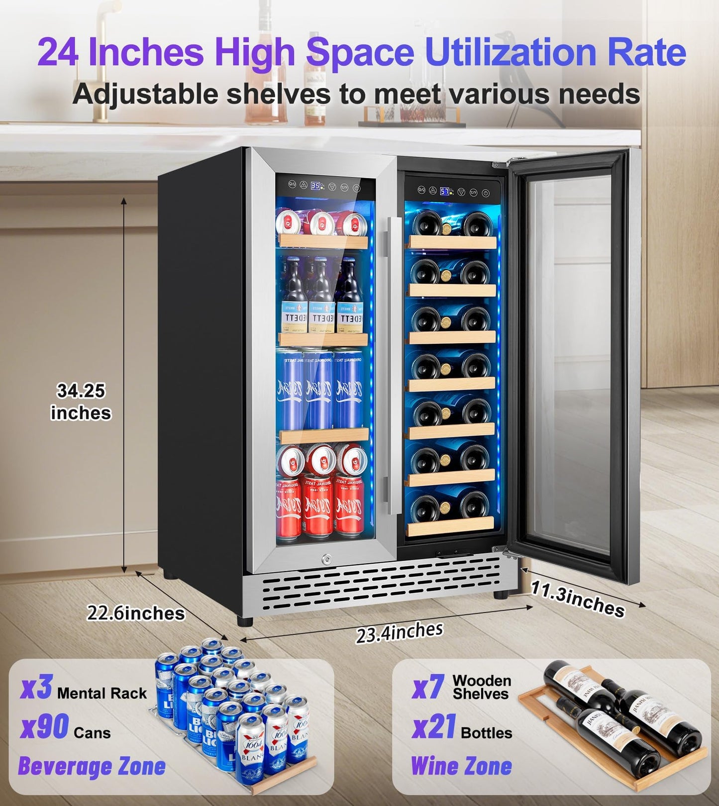 24 Inch Wine and Beverage Refrigerator, 90 Can & 21 Bottle Dual Zone Under Counter or Freestanding Wine Beverage Cooler, 3 LED Stainless-Steel Fridge with Glass Door Fast Cooling for Home/Kitchen