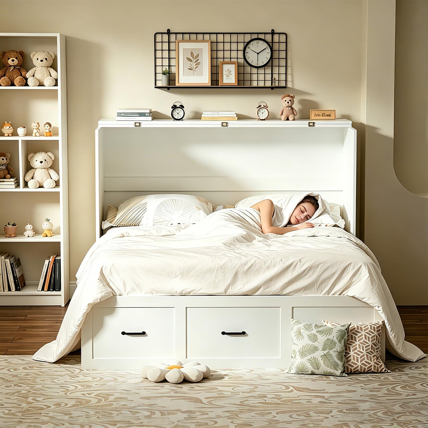 NBEETISM Full Size Murphy Bed with Storage & Charging Station – Farmhouse Cabinet Bed, Space Saving & Noise-Free Wall Bed for Guest Bedroom, Living Room, Office, White