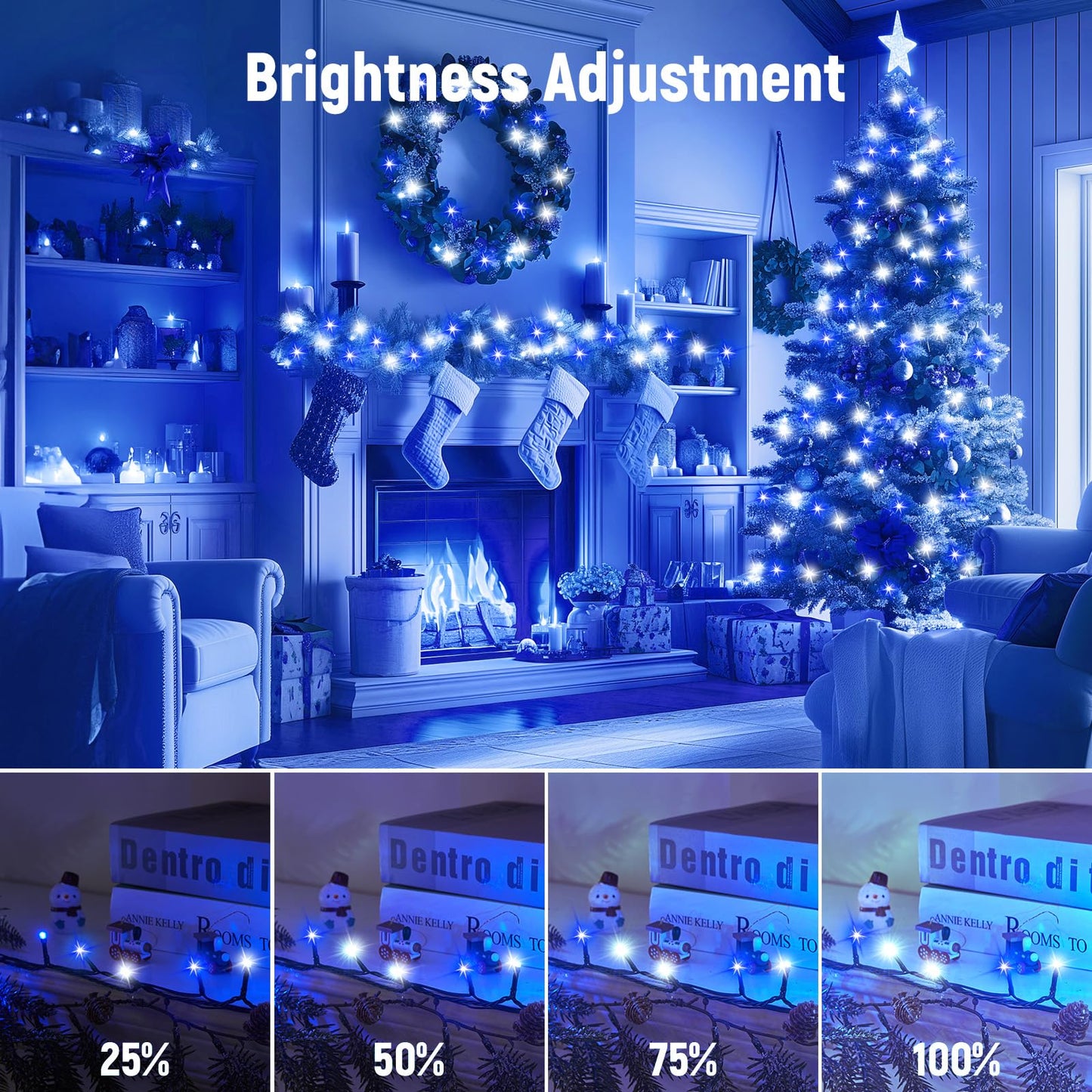 Minetom 1000 LED Christmas Tree Lights, 328 Ft, Blue & Cool White, Waterproof, 8 Modes, Remote, Indoor/Outdoor, Green Wire