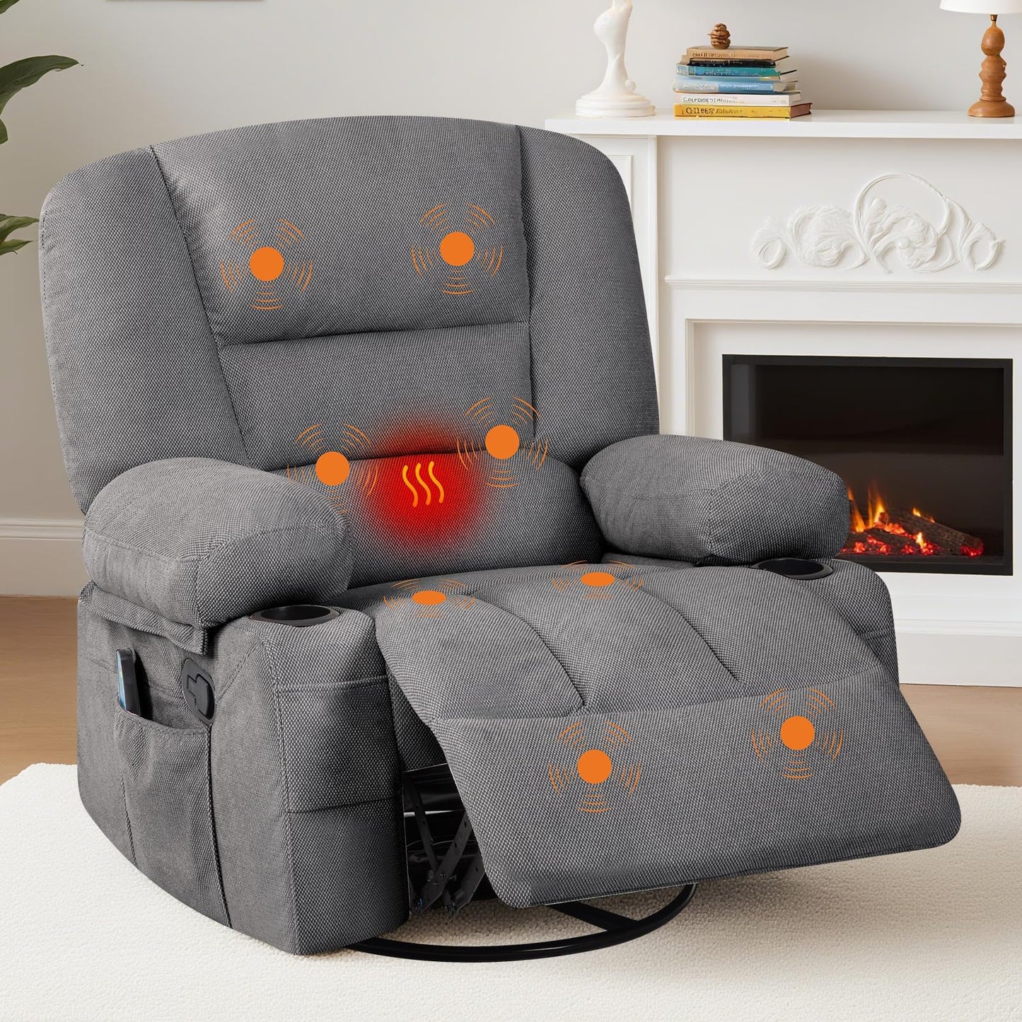 Massage Rocking Recliner Chair with Vibration and Heat, 360° Swivel Chenille Rocker Chairs for Living Room, Home Theater Seating with Cup Holders & Side Pocket for Adults, Living Room, Bedroom, Grey