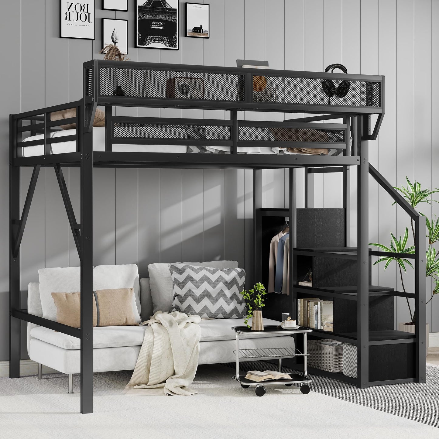 KEIKI Full Size Metal Loft Bed Frame with Convertible Staircase, Built-in Storage Shelves and Wardrobe, Loft Bed with Solid Slats, Guardrail, No Box Spring Required, Easy Assembly, for Bedroom, Black