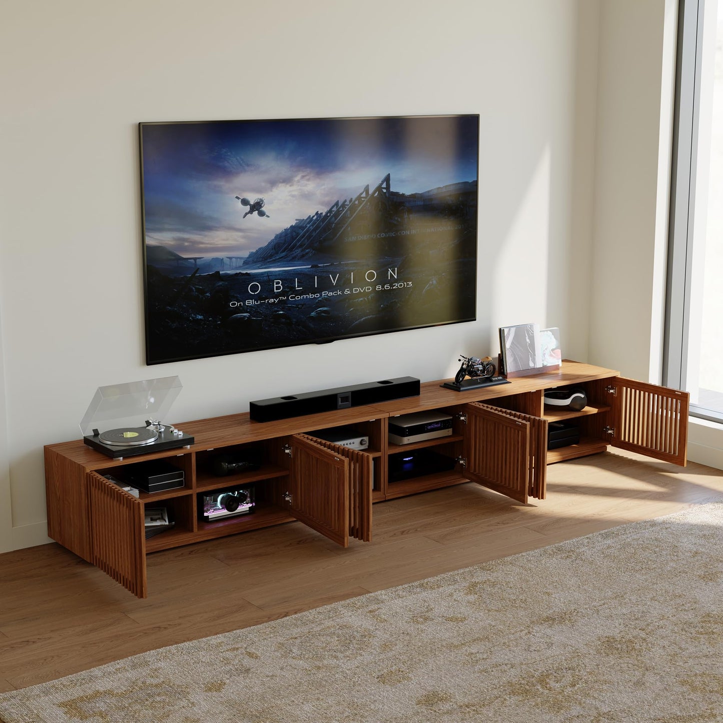 POVISON Full Assembled Mid Century Modern TV Stand, 118” Extra-Large Entertainment Center for 100 inch TV, Wood Slatted TV Media Console with Storage for Living Room Bedroom