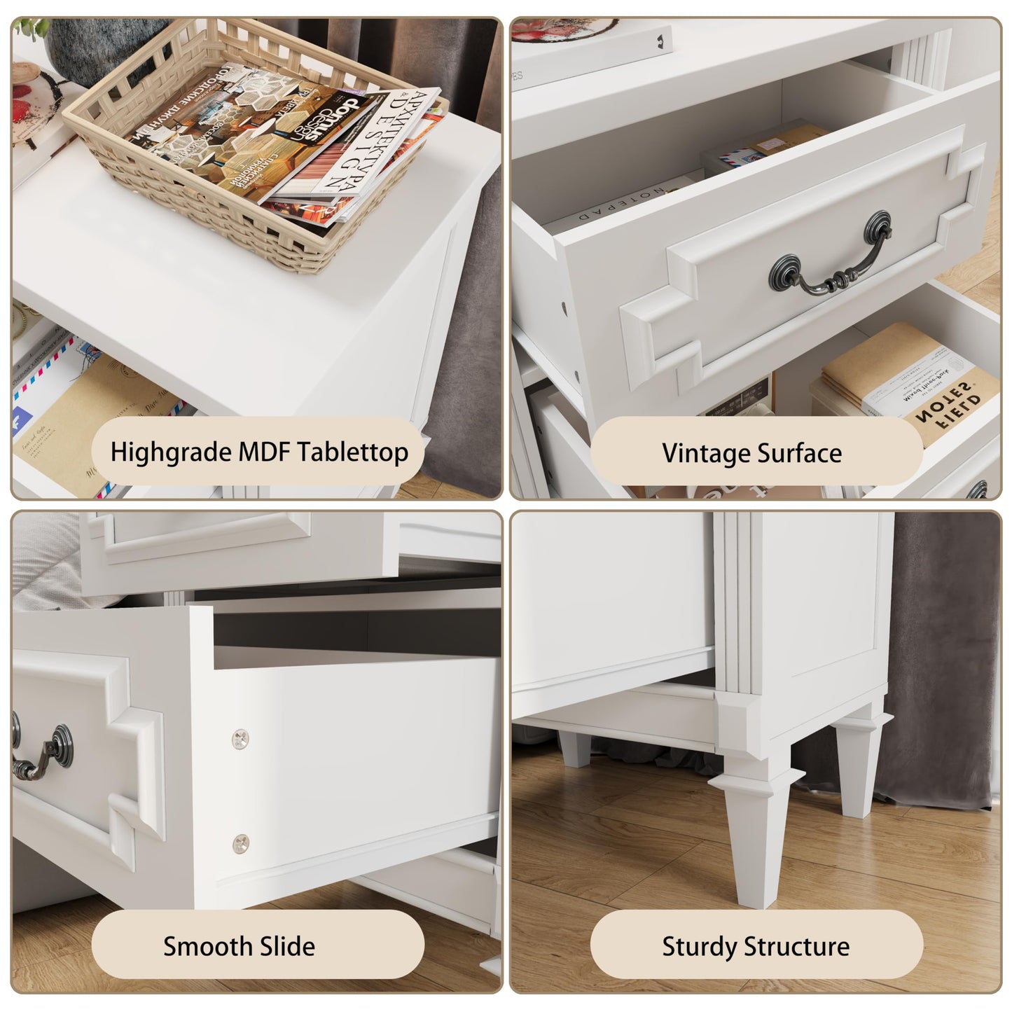 BOSHIRO Nightstand wtih Vintage Surface, 30" End Table, Side Table with 2 Drawers Storage Cabinet Chest for Bedroom, Living Room, White