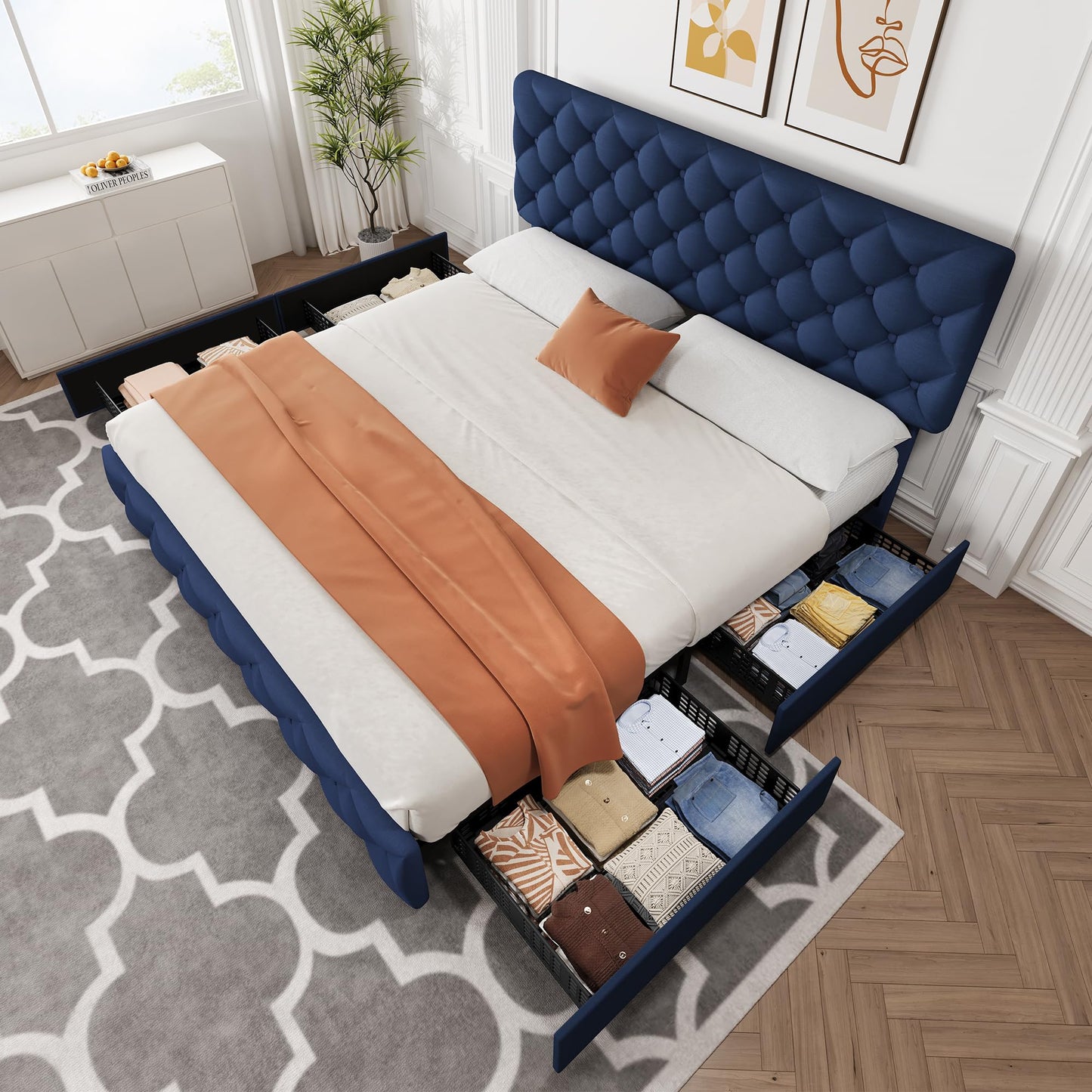 King Size Bed Frame with 4 Storage Drawers, Linen Upholstered Platform Bed Frame with Headboard and Footboard, Wooden Slats Support, Diamond Stitched Button Tufted, No Box Spring Needed, Blue