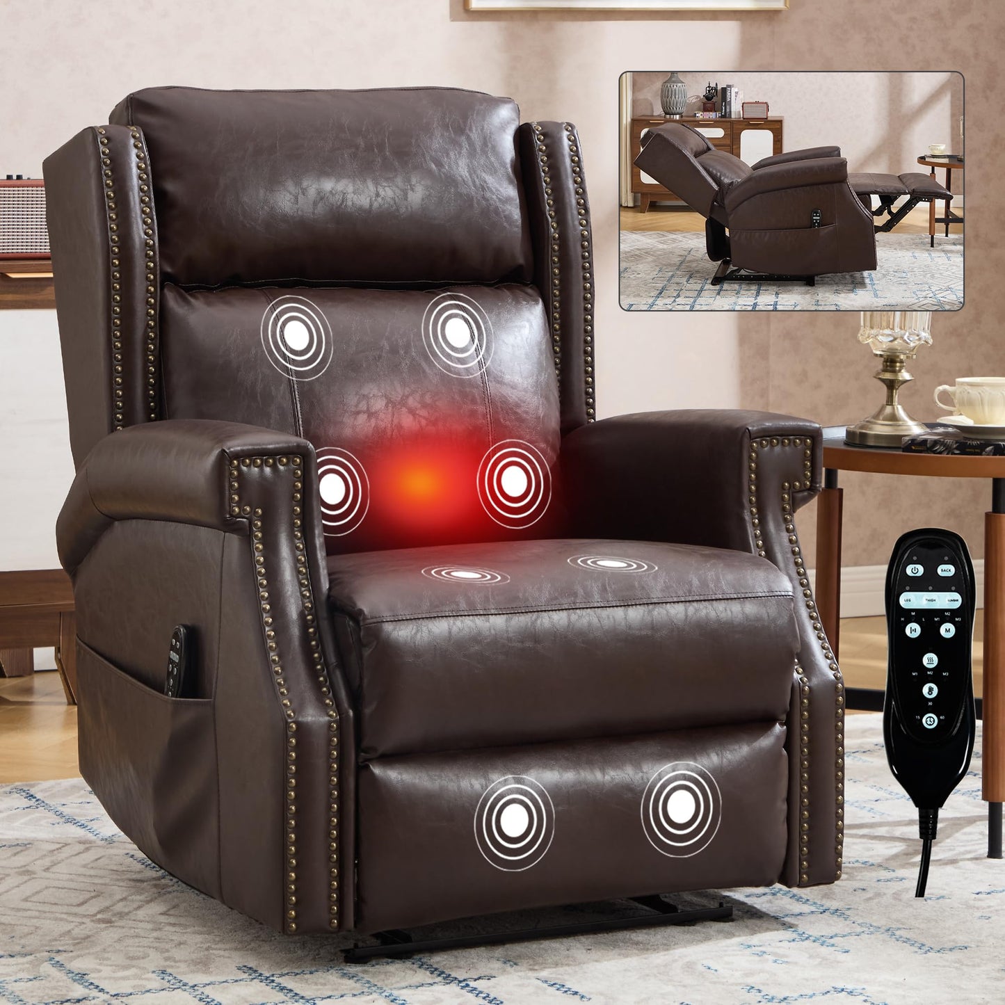 KEIKI Mid Century Modern Oversized Recliner Accent Chair for Adults, Manual Leather Recliner Chair with Back Massager and Heating for Living Room, Rocking Chaise Lounge Chair Indoor, Antique Brown