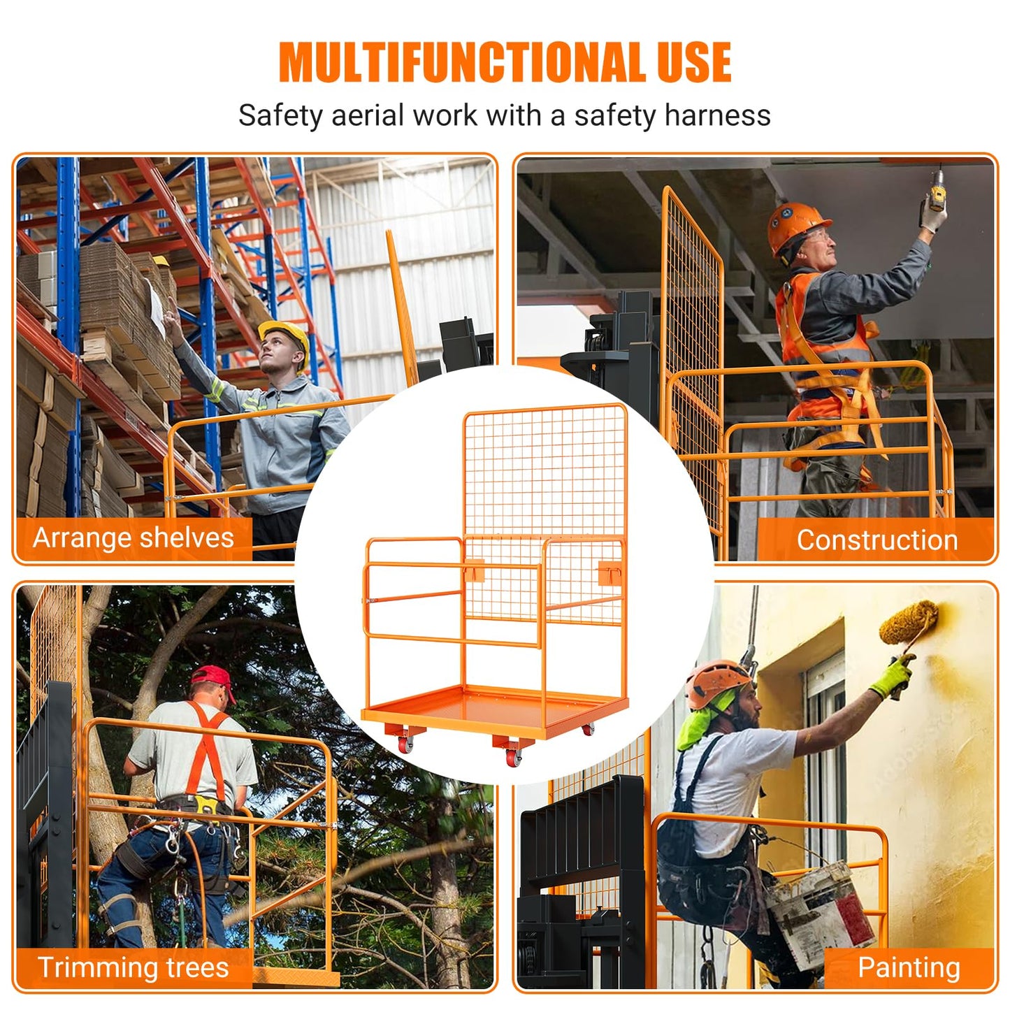 45 in x 43 in Forklift Cage, Max. 2200 LBS Forklift Man Basket with Harness & Wheels, Foldable Work Platform, Lift Basket Aerial Rails for Lifting Loader