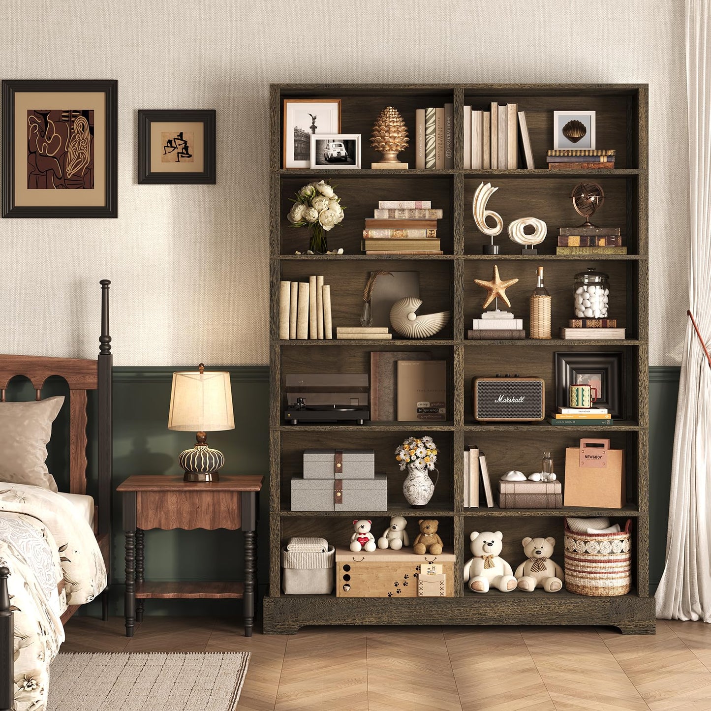 TVU 6-Tier Wood Book Shelf, 47" Wide Large Bookcase and Bookshelf, 76" Tall Bookcase with Storage, Freestanding Wood Display Book Shelves for Living Room, Home Office, Walnut