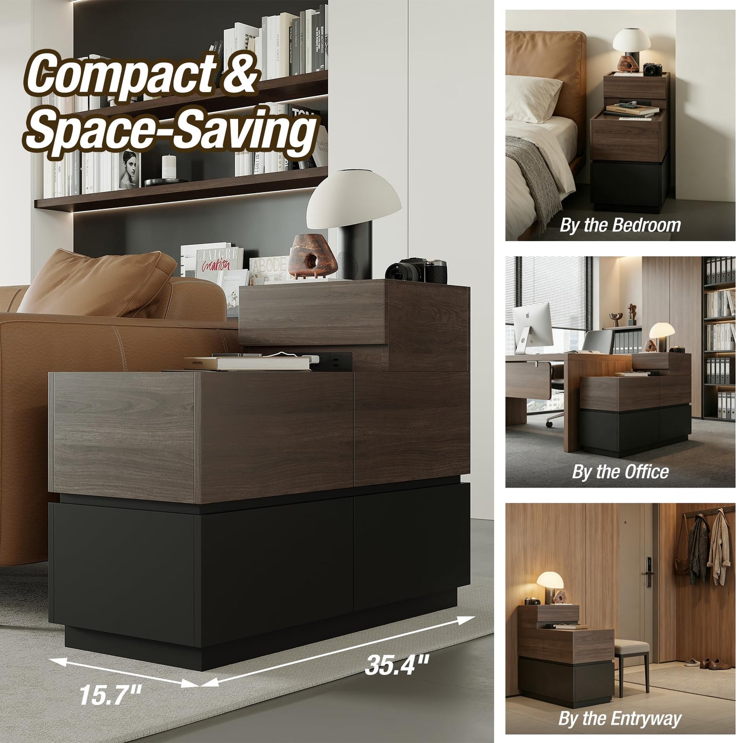 Modern Sofa Side Cabinet, Side Table with USB Interface and Power Outlet, Walnut Wood Living Room Bedroom Side Cabinet Modern Bedside Table with Charging Station for Living Room, Bedroom