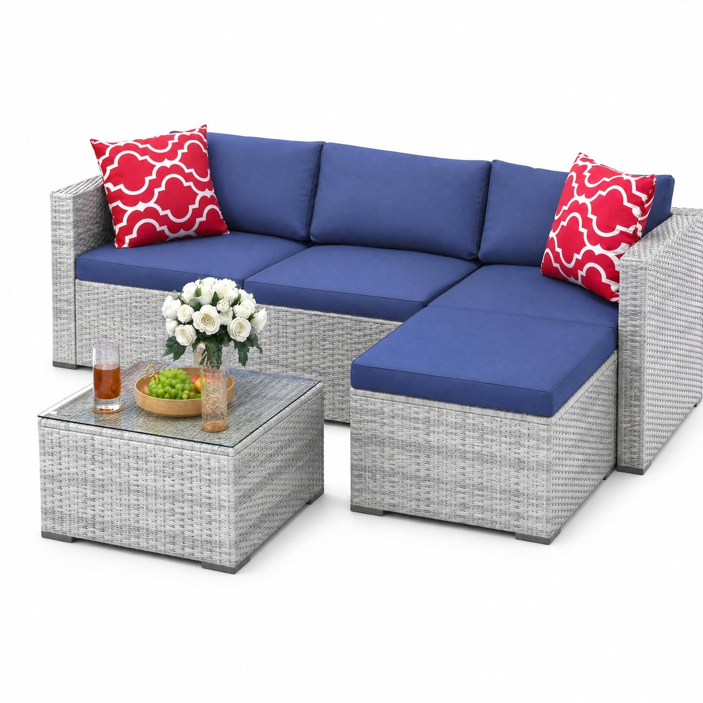 GarveeHome 5 Pieces Outdoor Patio Furniture Set, All Weather Wicker Rattan Sectional Sofa, Patio Conversation Set with Cushions and Glass Coffee Table for Backyard Porch Garden Balcony, Blue