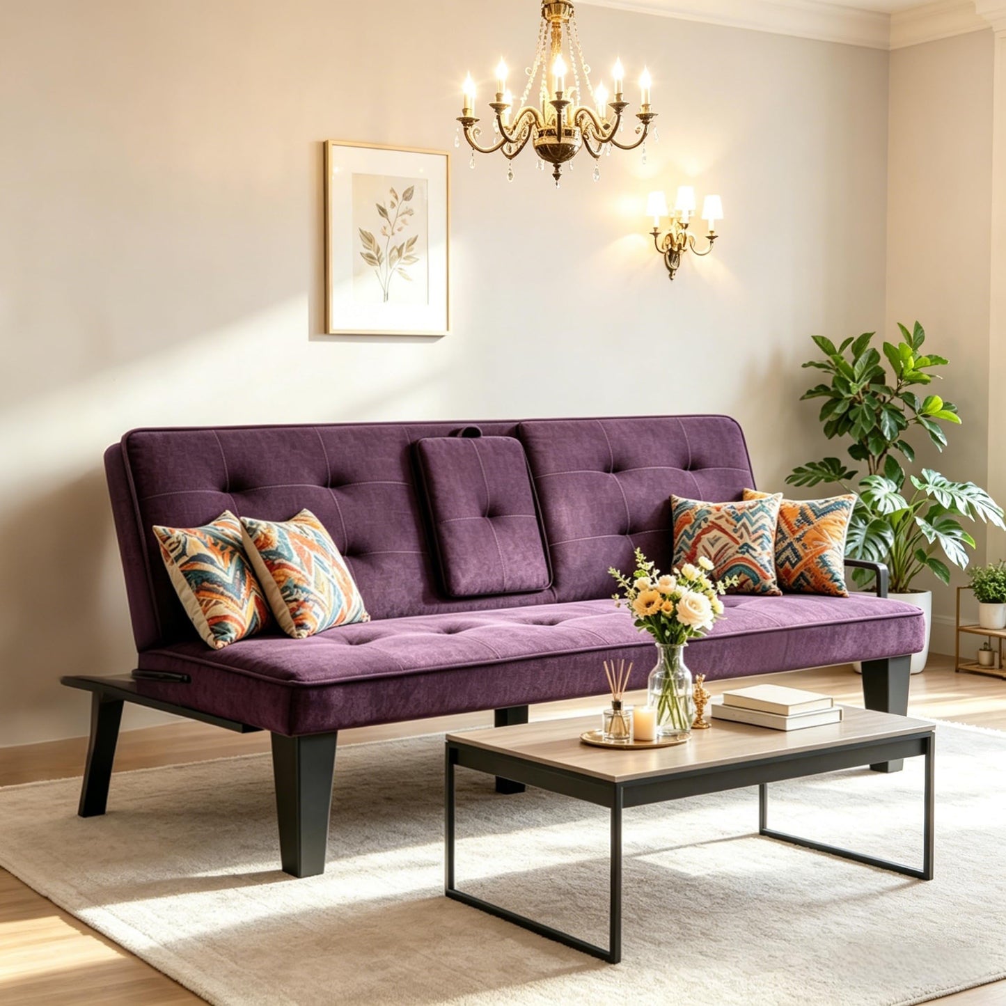 Trygoal Linen Futon Sofa Bed, Small Futon Couch Bed with Adjustable Armrest and Tufted Back, Convertible Sofa Beds with Adjustable Backreat for Small Spaces, Living Room, Apartment, Purple