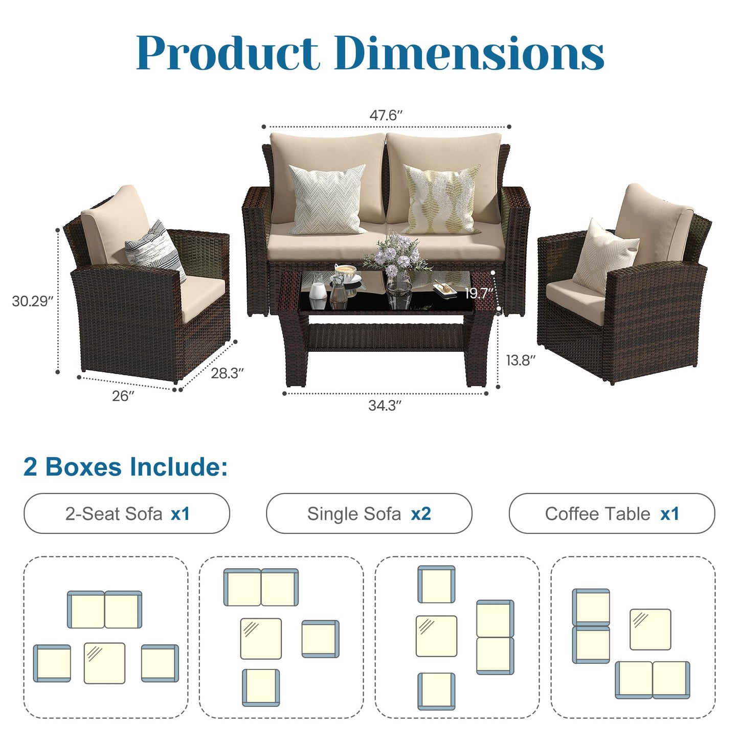 Solaste 4 Piece Patio Outdoor Furniture Sets,Patio Conversation Sofa Wicker Chair with Cushion,Hand Woven Rattan Sofa for Porch Backyard Outside Garden Lawn Yard,Brown