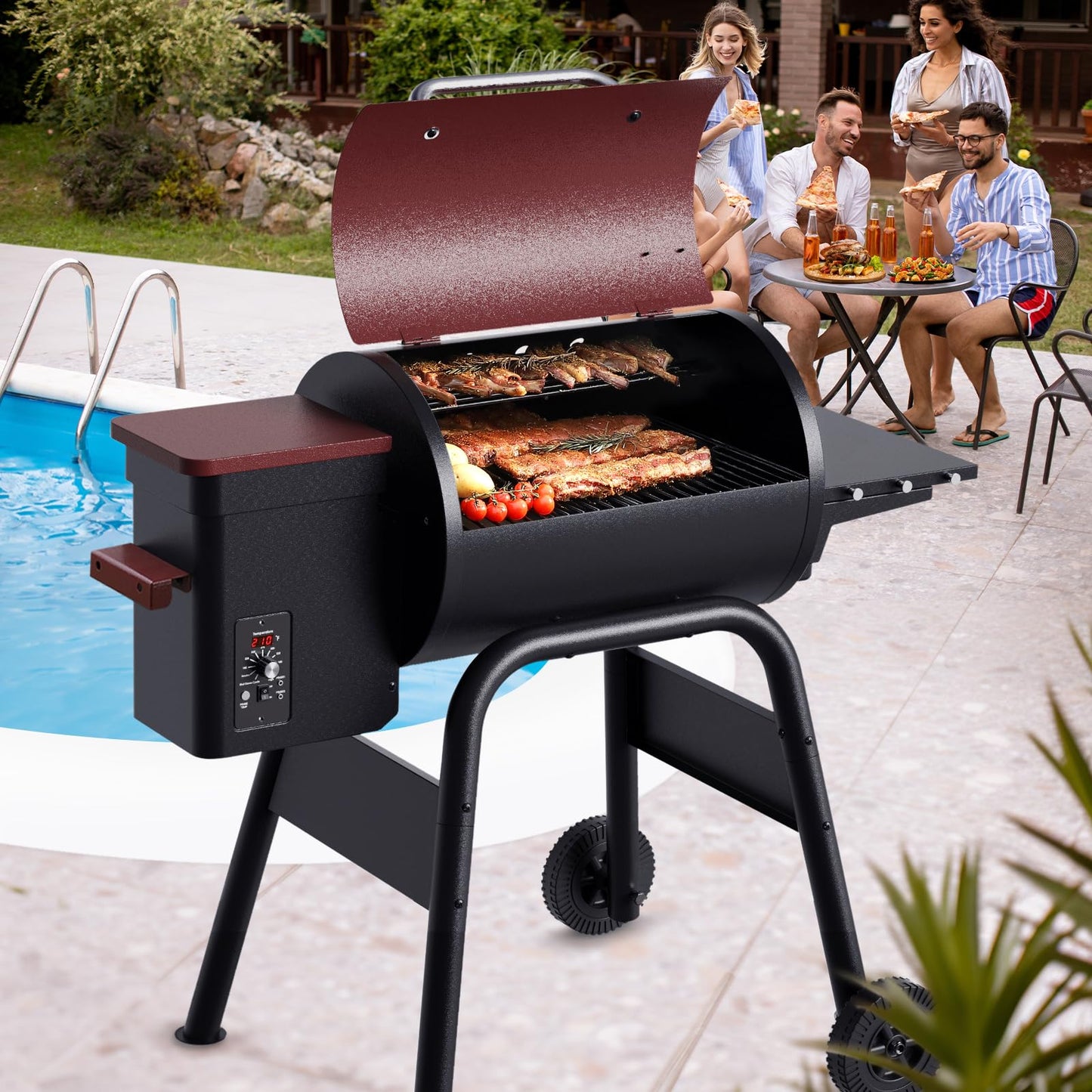 Jocoevol Wood Pellet Grill Smoker for Outdoor Cooking, 456 SQ. IN Cook Area Electric Pellet Grill with Auto Feed & PID Temperature Control 180-425°F, 6-in-1 BBQ Grill & Rain Cover for Backyard