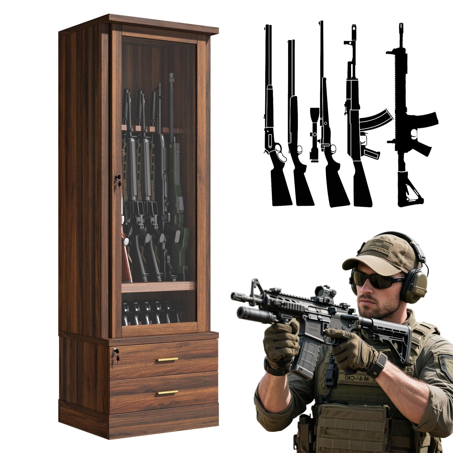 kepptory Gun Safe for 12 Long Rifles and 8 Shortgun, Gun Cabinet for Rifle with Mechanical Lock, Espresso Wood Gun Cabinet for Dinning Living Room, Easy Assembly