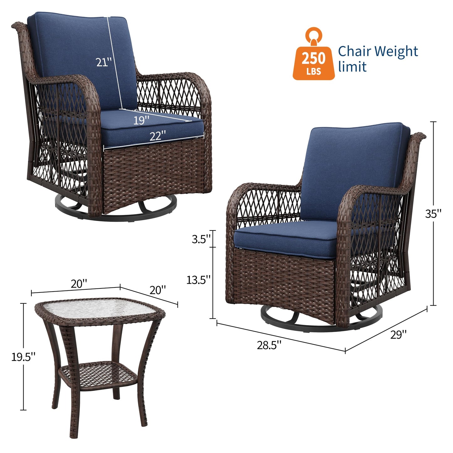 Garvee 3 Piece Outdoor Patio Furniture Set, Swivel Rocker Chairs Wicker Bistro Set with 360° Glider, 4”Thick Cushions & 2-Tier Table, Outdoor Conversation Set for Porch Balcony Backyard Deck Blue
