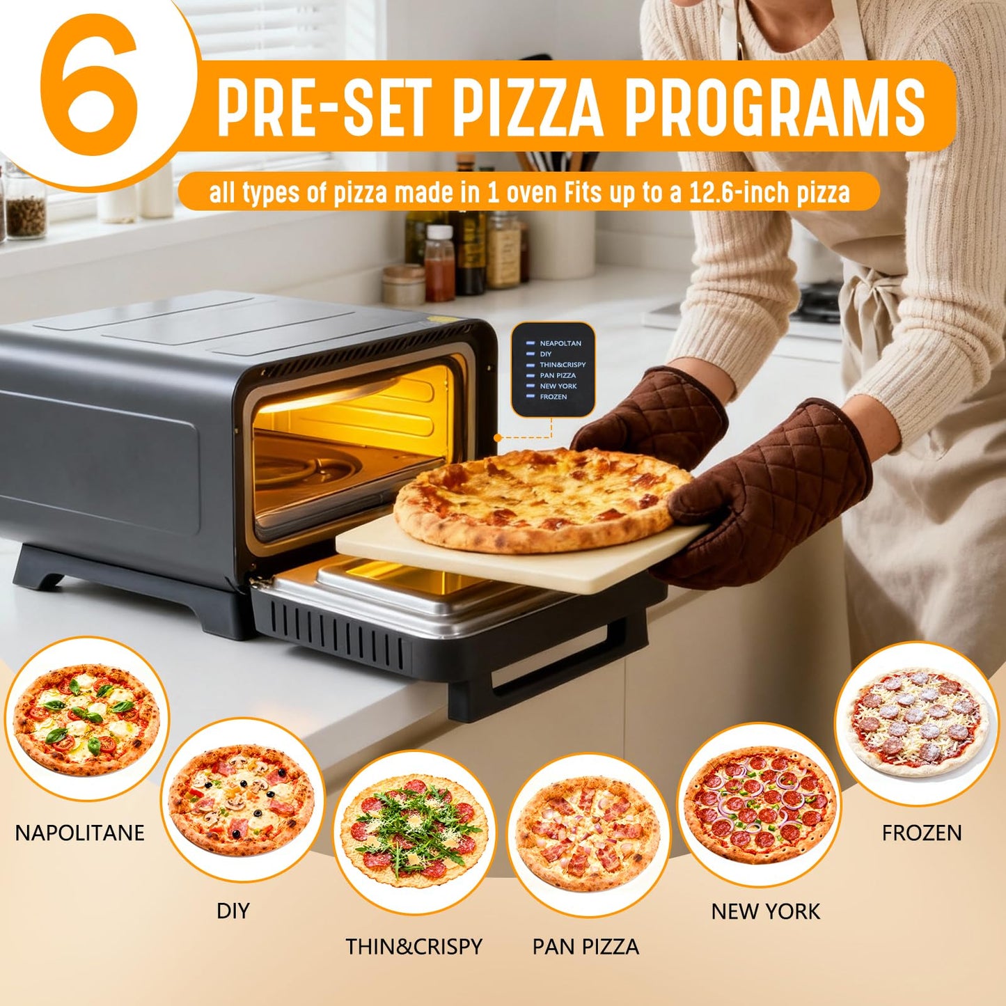 OLIXIS Pizza Oven Indoor, 1600W Electric Pizza Maker Fast Heating, 6 Presets for 12 Inches Pizzas, with Stone & Spatula, Upper-Bottom Independent Heating Temperature Control