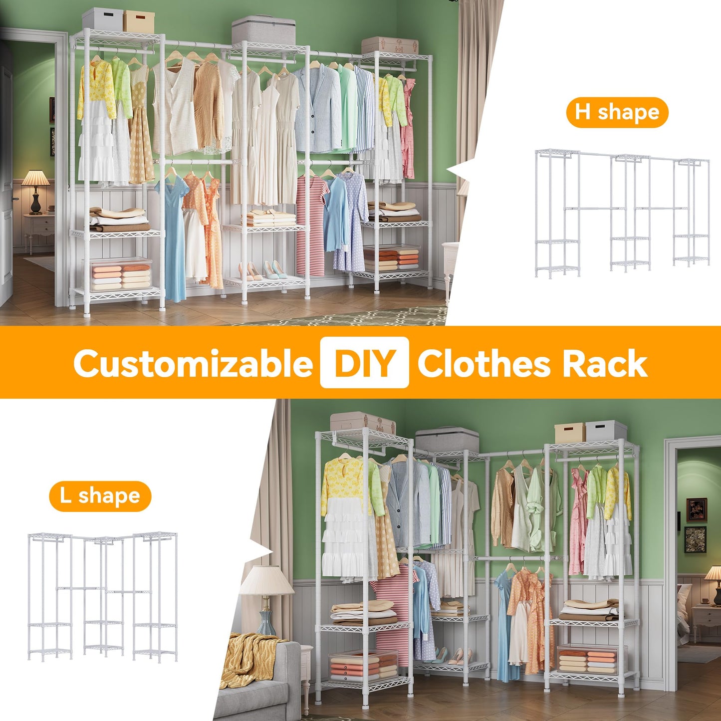 Higeego H11 Heavy Duty Garment Rack, Clothing Rack for Hanging Clothes, Extra Large Closet, Freestanding Wardrobe Closet Organizer and Storage with Hanger Rods, Extendable from 7.8 to 10.8 ft, White
