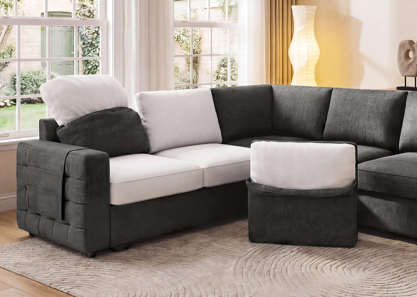 HONBAY Sectional Sleeper Sofa with Pull-Out Bed Storage Chaise, 6 Seater Couch for Living Room, Middle Grey