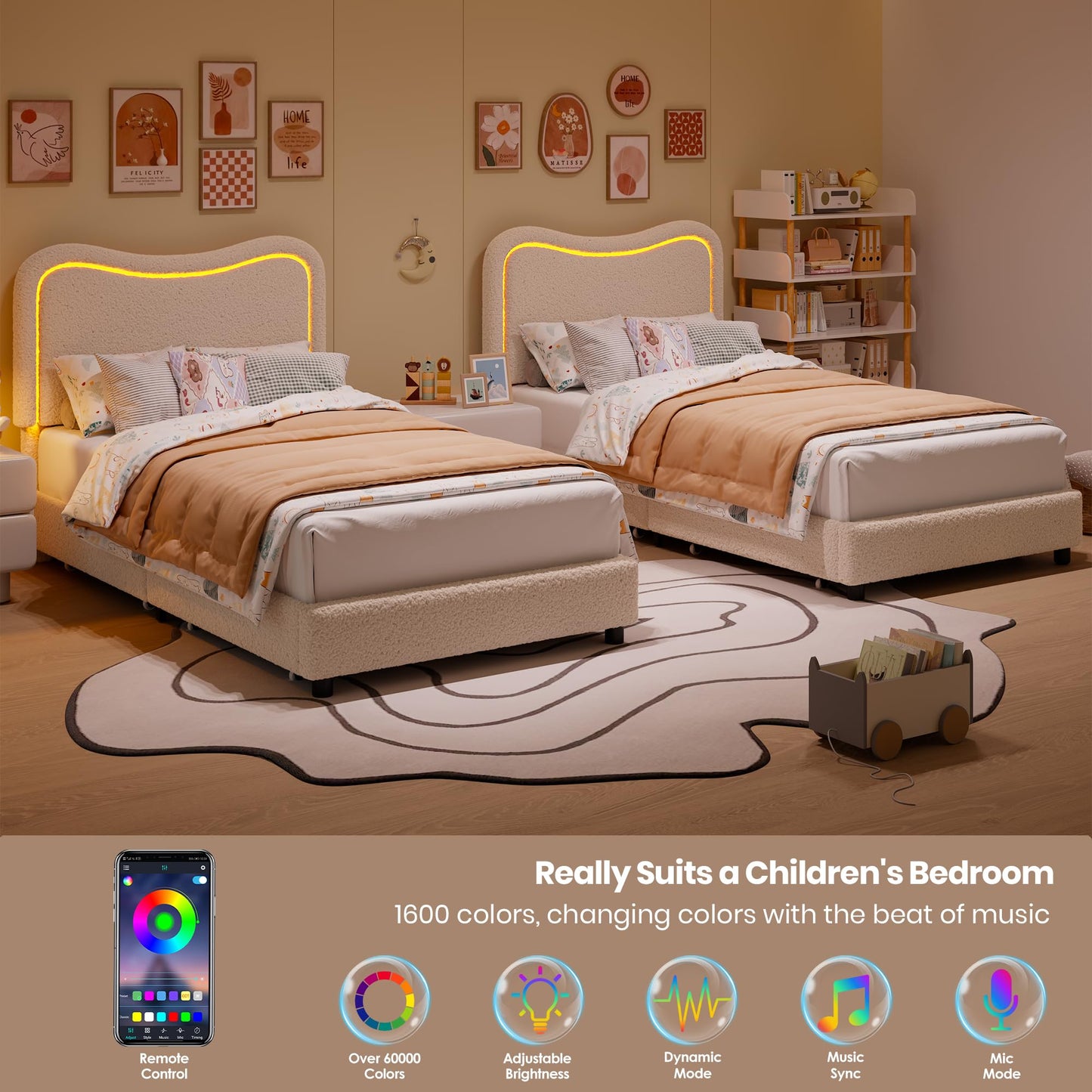 Garvee Boucle Twin Bed Frame with 2 Storage Drawers, Upholstered Platform Bed with LED Headboard, Wood Slats Support, No Box Spring Needed for Kids, Teens-Beige