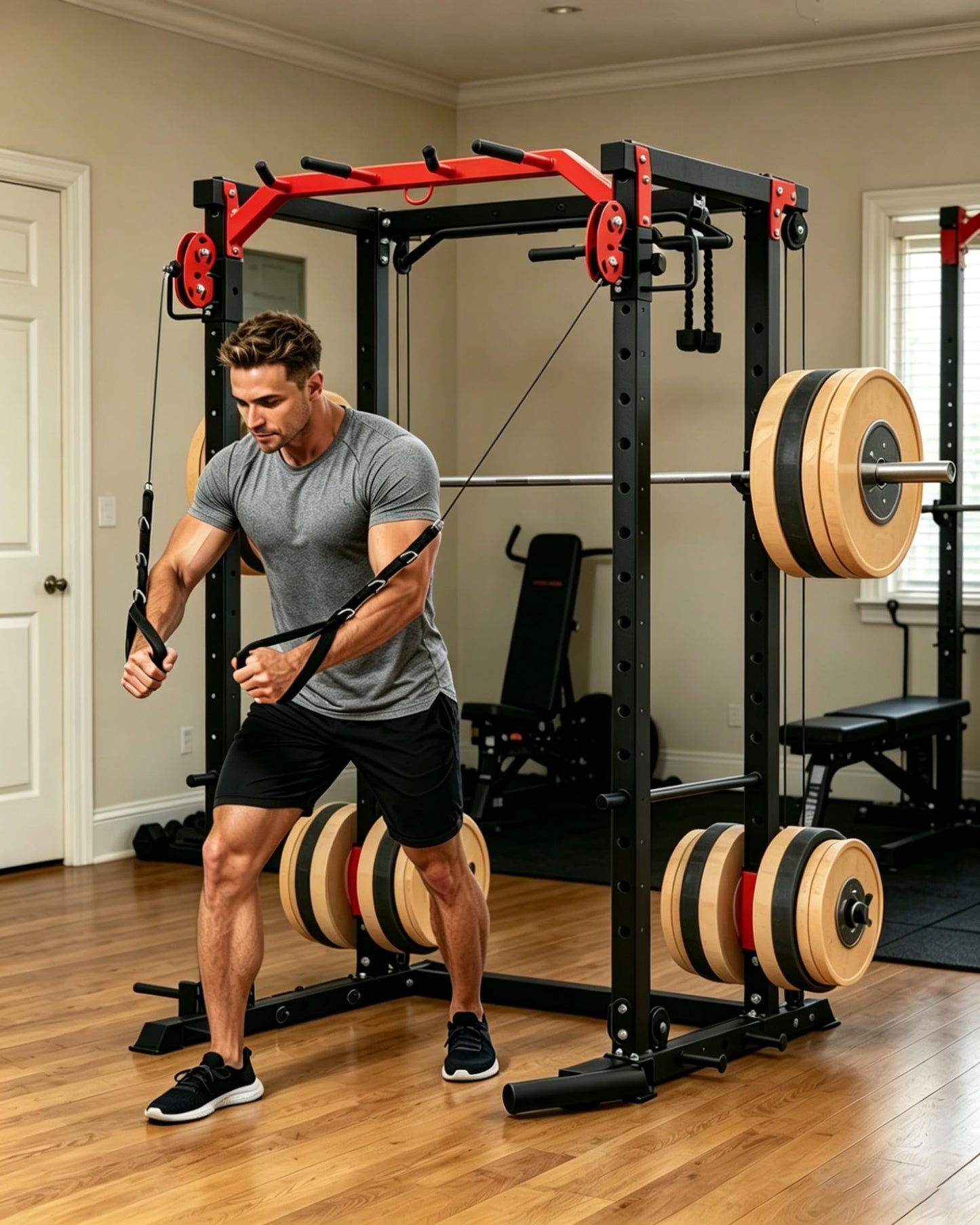 Power Cage, Power Rack with Cable Crossover System, 2000LBS Squat Rack with LAT Pull Down System, Workout Cage with Pulley System for Fitness Home Gym Strength Training