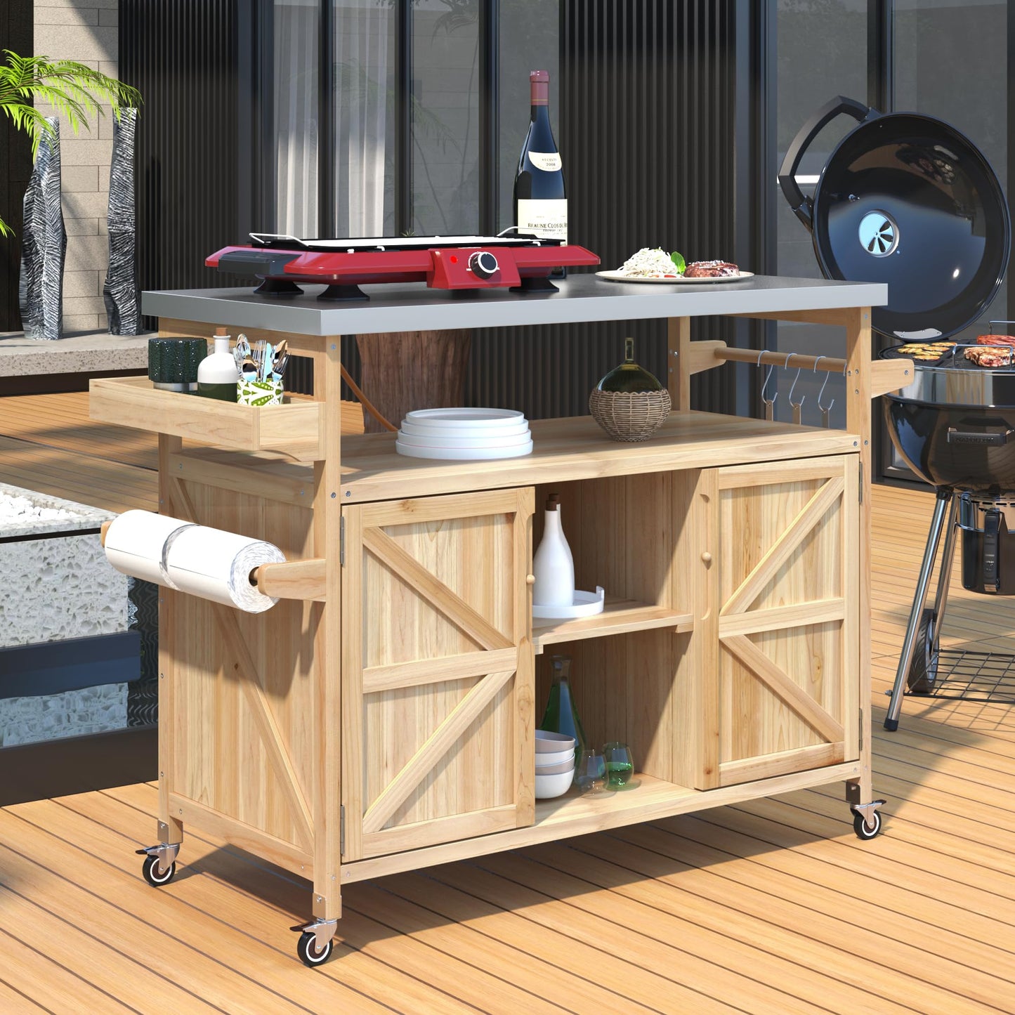 YOPTO Outdoor Kitchen Island,Rolling Bar Cart & Storage Cabinet,Farmhouse Solid Wood Outdoor Grill Table with Stainless Steel Top,Spice and Towel Rack,for Kitchen,Barbecue,Natural,50"