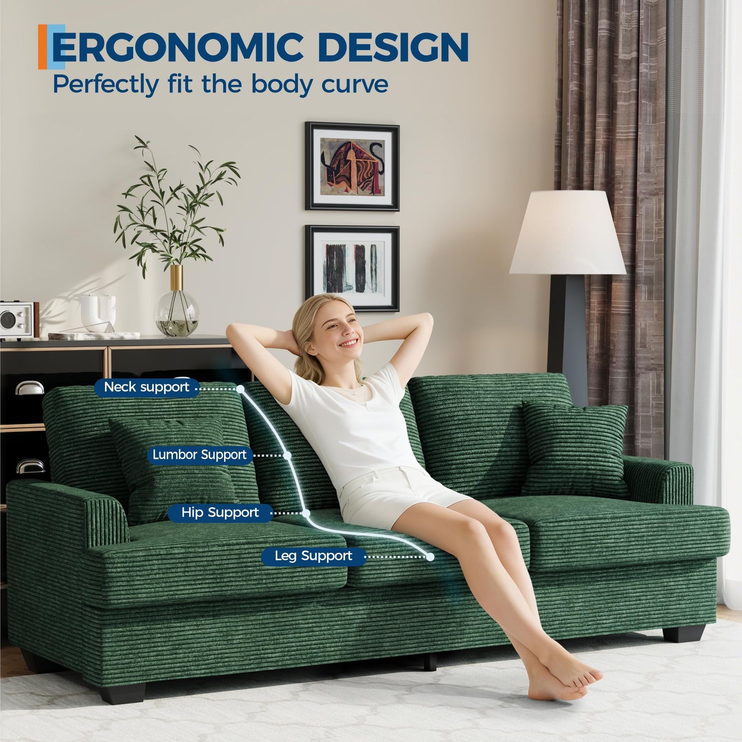 Garvee Modern 86" Corduroy Sofa - Deep Seat Couch with Removable Cover & 2 Throw Pillows, Comfy Upholstered Cushion Sofa for Small Space Apartment & Lounge, Green
