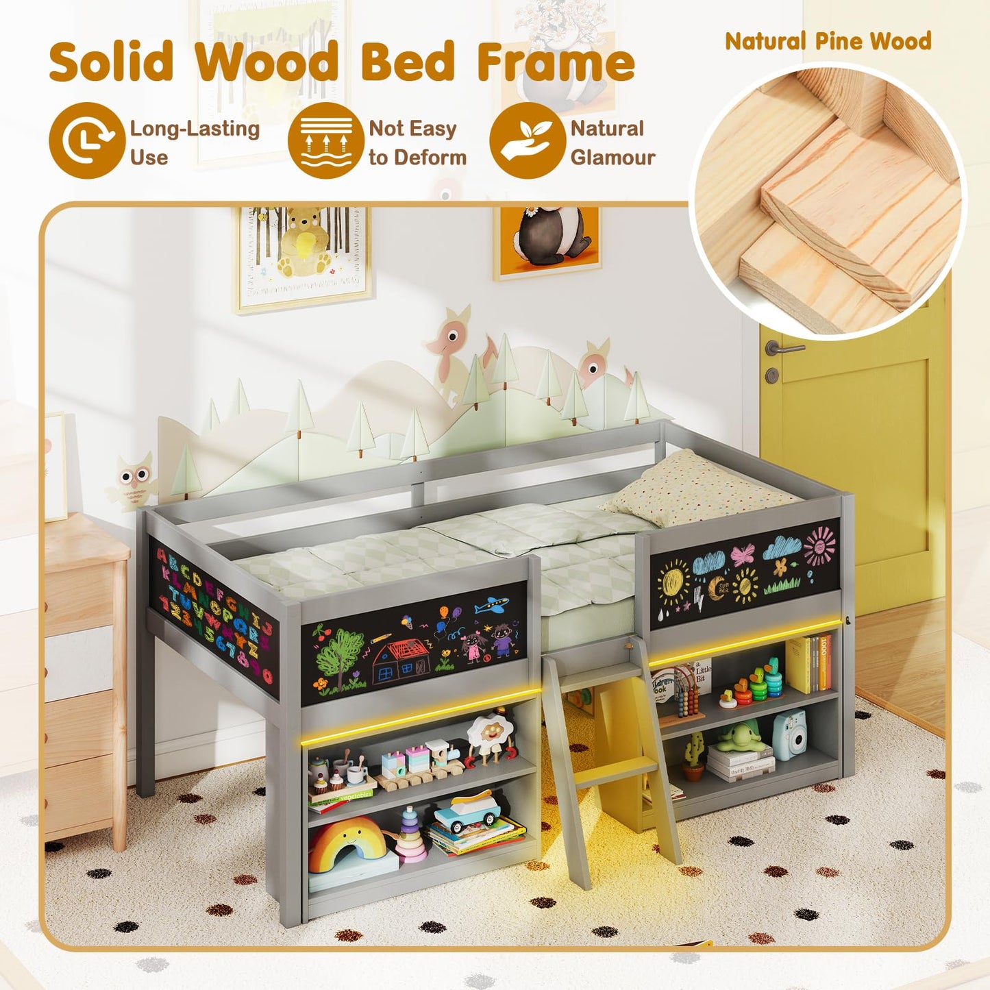Giantex Low Loft Bed with LED Lights, Wooden Twin Size Loft Bed with Ladder & Blackboard, Twin Bed Frames for Kids with Storage 2 Bookcases and Play Space, Grey