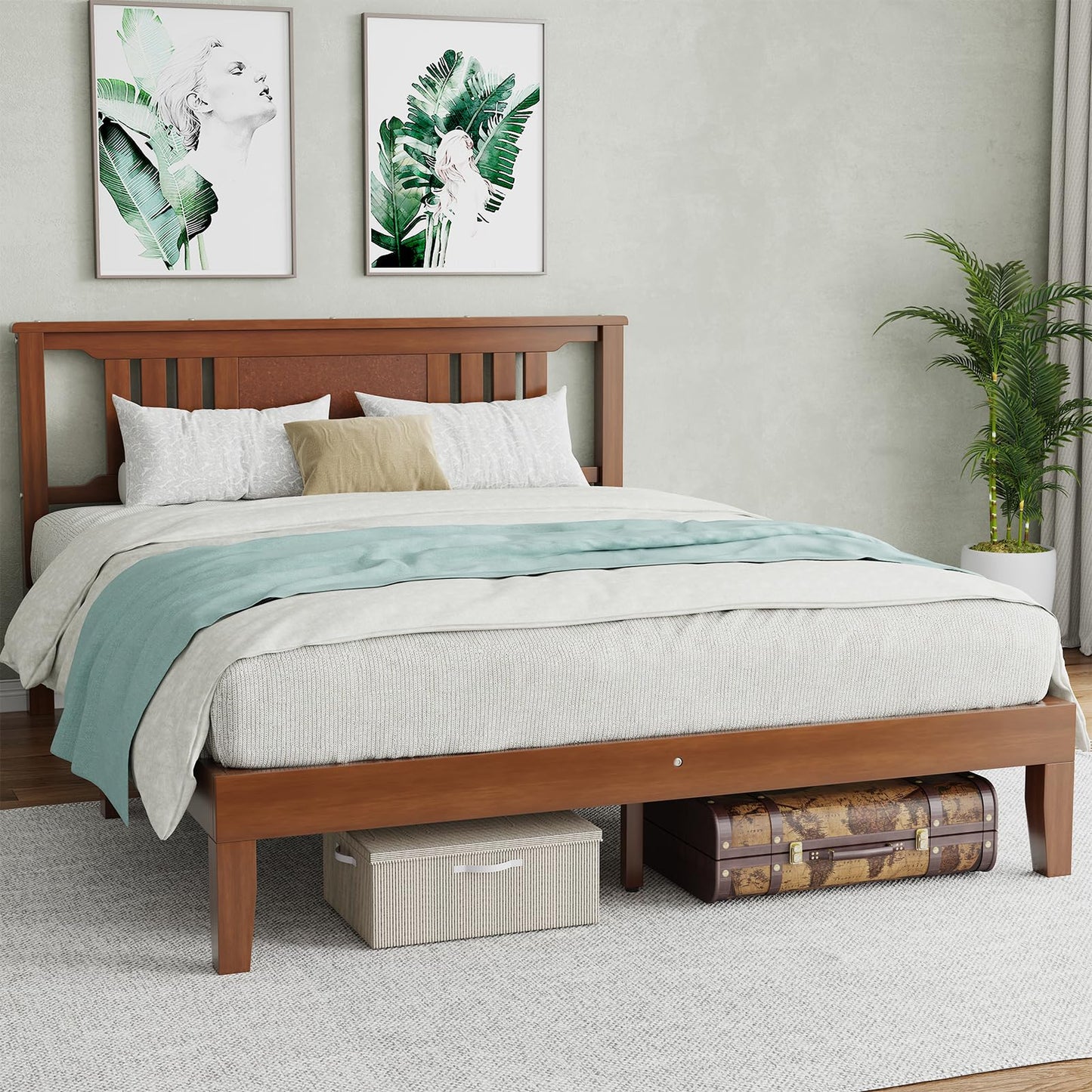 OLIXIS Queen Bed Frame with Headboard, Suitable for Bedroom Furniture, Sturdy Solid Wood Slat Support, Up to 800 lbs, No Box Spring Needed, Easy Assembly, Platform Beds