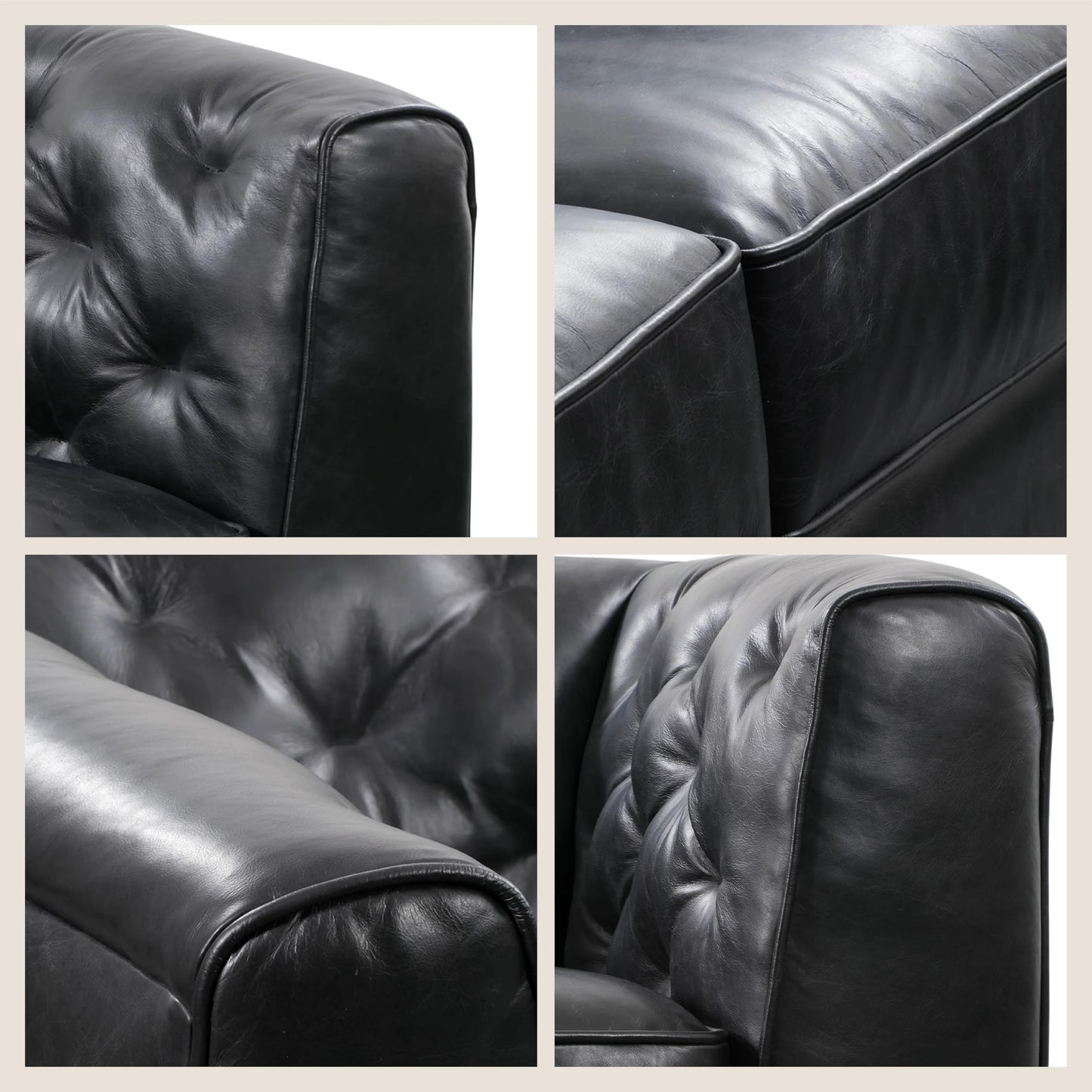 POLY & BARK Essex 89” Full-Grain Italian Leather Sofa – Tufted Back, Feather-Down Comfort, Solid Wood Frame, Onyx Black