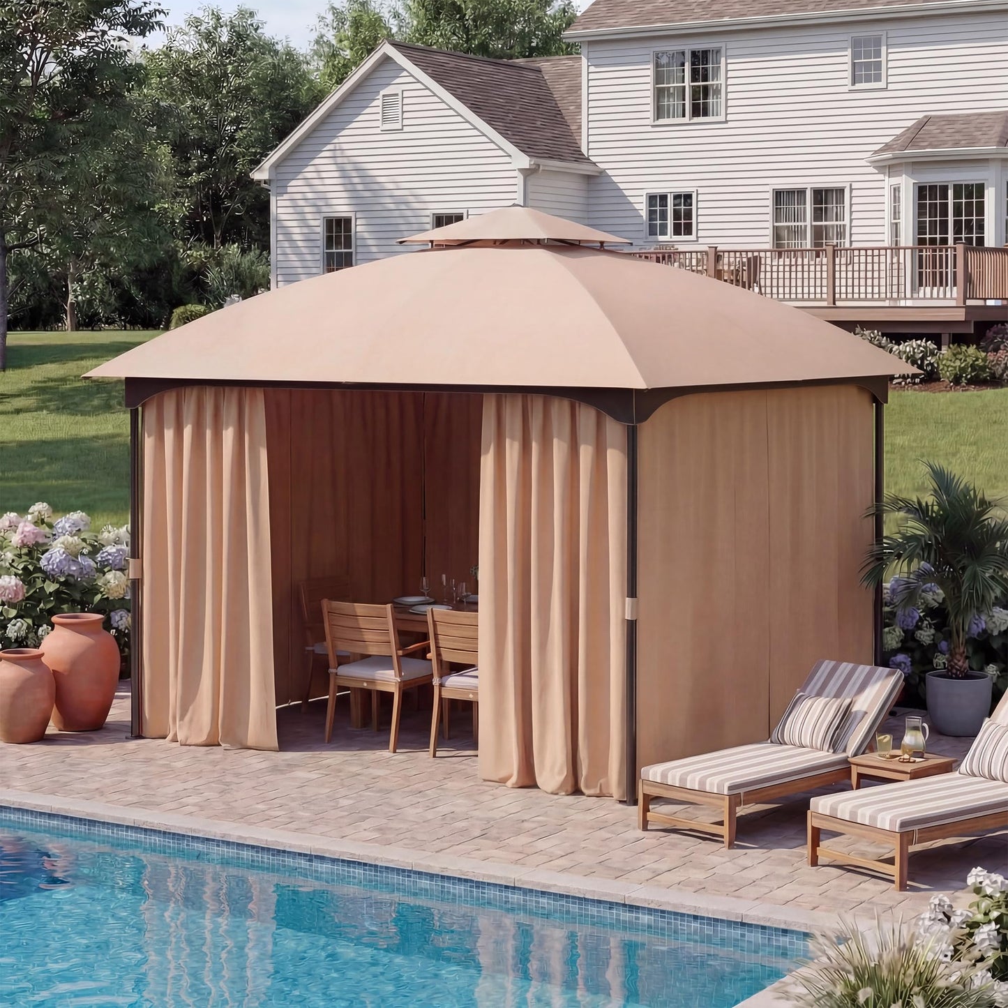 EO Living 10' x 10' Outdoor Arc Gazebo, Double-Tier Roof Party Shelter Tent with Curtains, Expansion Bolts & Wind-Resistant Ropes for Backyard, Garden, Patio, Lawn – Khaki