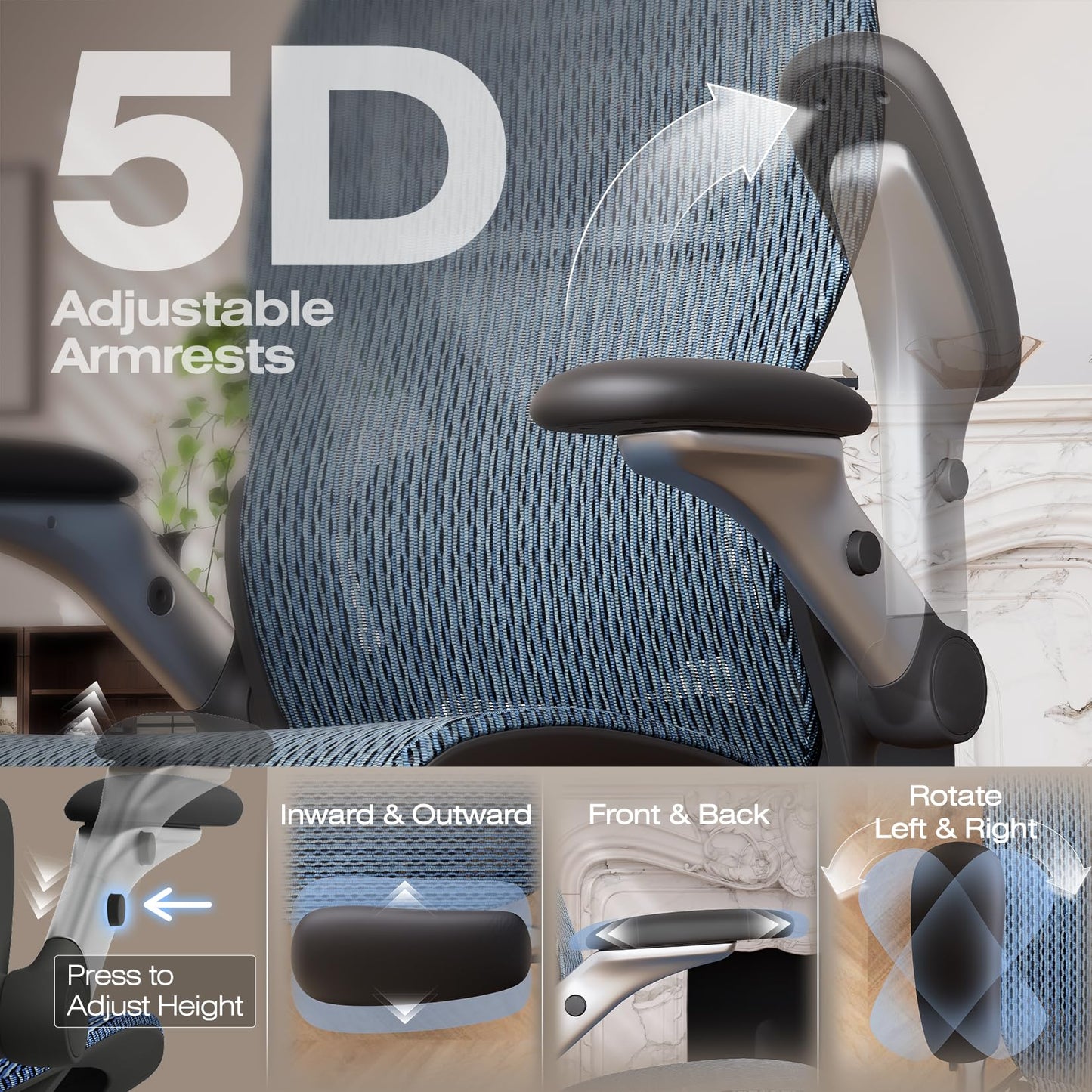 ELABEST X100 Ergonomic Office Chair with Footrest, Big and Tall Home Desk Chair with 5D Flip-Up Arms, Adjustable 3D Lumbar Support,High Back Rolling Computer Chair, Swivel Mesh Chairs (Oaxaca Blue)