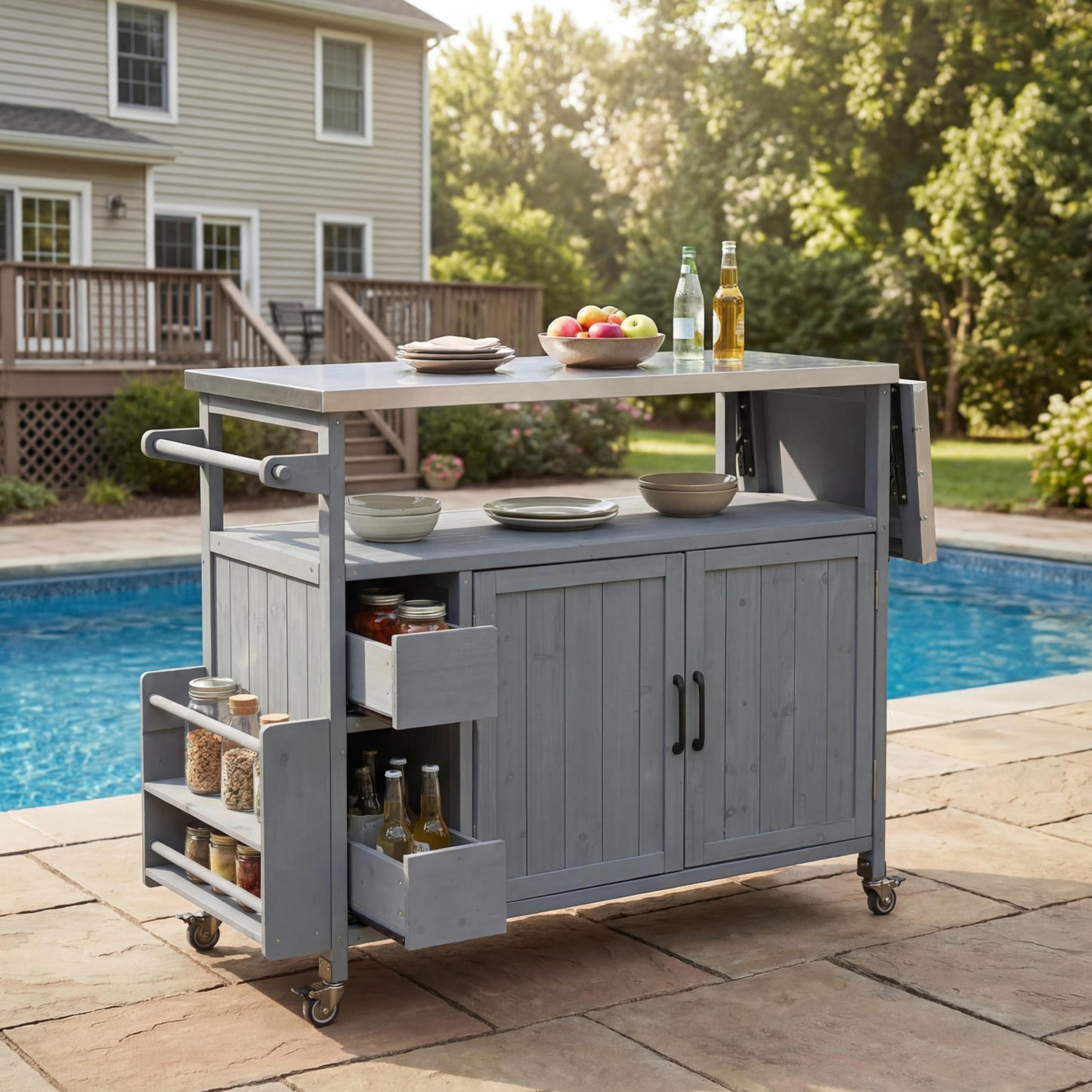 Christopher Knight Home Edsel Outdoor Bar Cart with Stainless Steel Top and Lockable Wheels, Solid Wood Outdoor Storage Cabinet, Kitchen Island Serving Cart for Poolside, Garden, Blue Gray