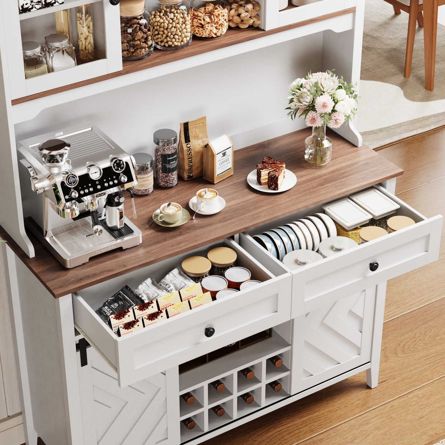 Garvee 72" Farmhosue Bar Cabinet with Sliding Barn Door, Large Kitchen Buffet with Hutch Wine with Charging Station, 2 Drawers, 8 Storage Shelves, LED Rustic Coffee Bar for Dining (White)