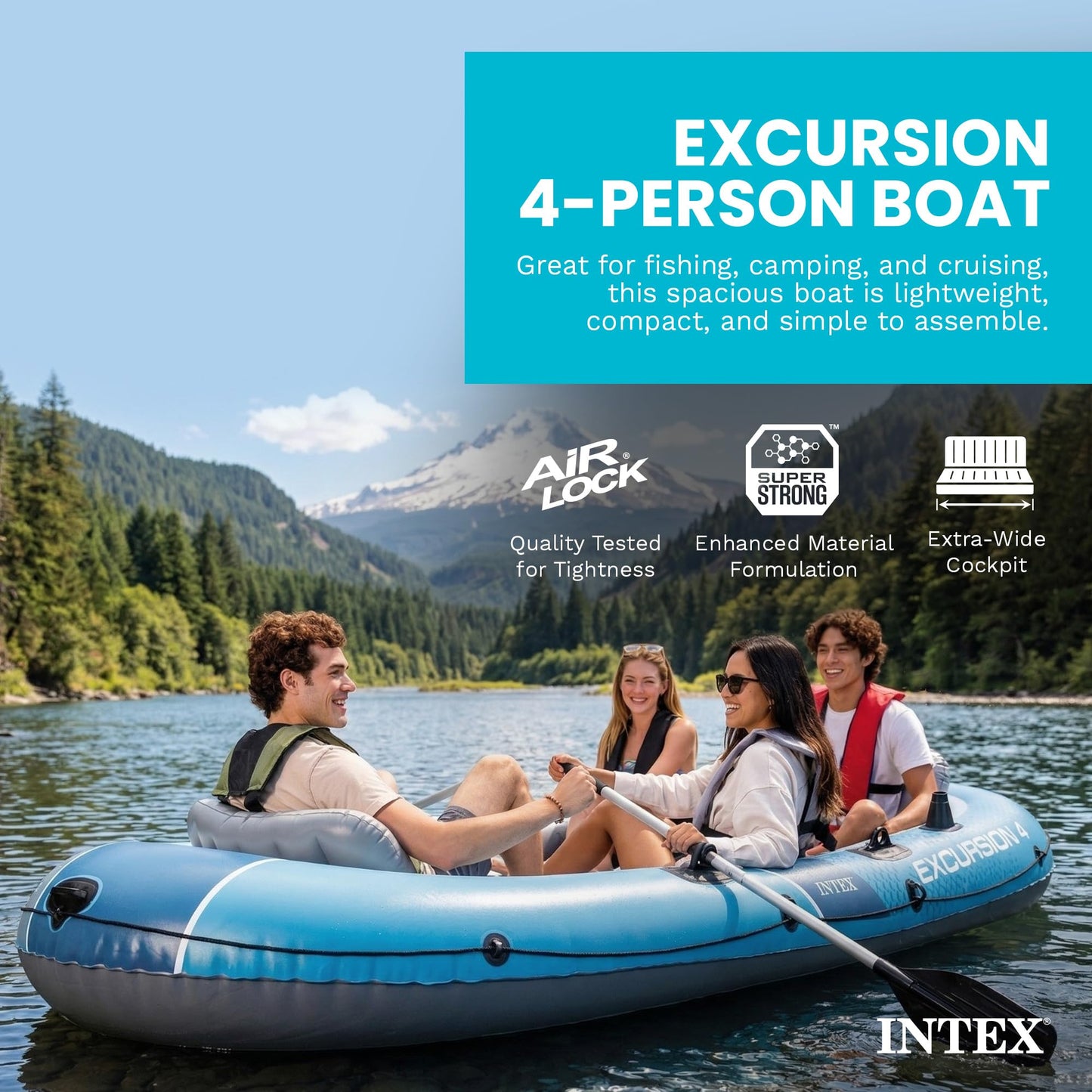 INTEX 66324EP Excursion 4 Inflatable Boat Set: Includes Deluxe 54in Aluminum Oars and High-Output Pump – Adjustable Seats with Backrest – Fishing Rod Holders – 4-Person – 1100lb Weight Capacity
