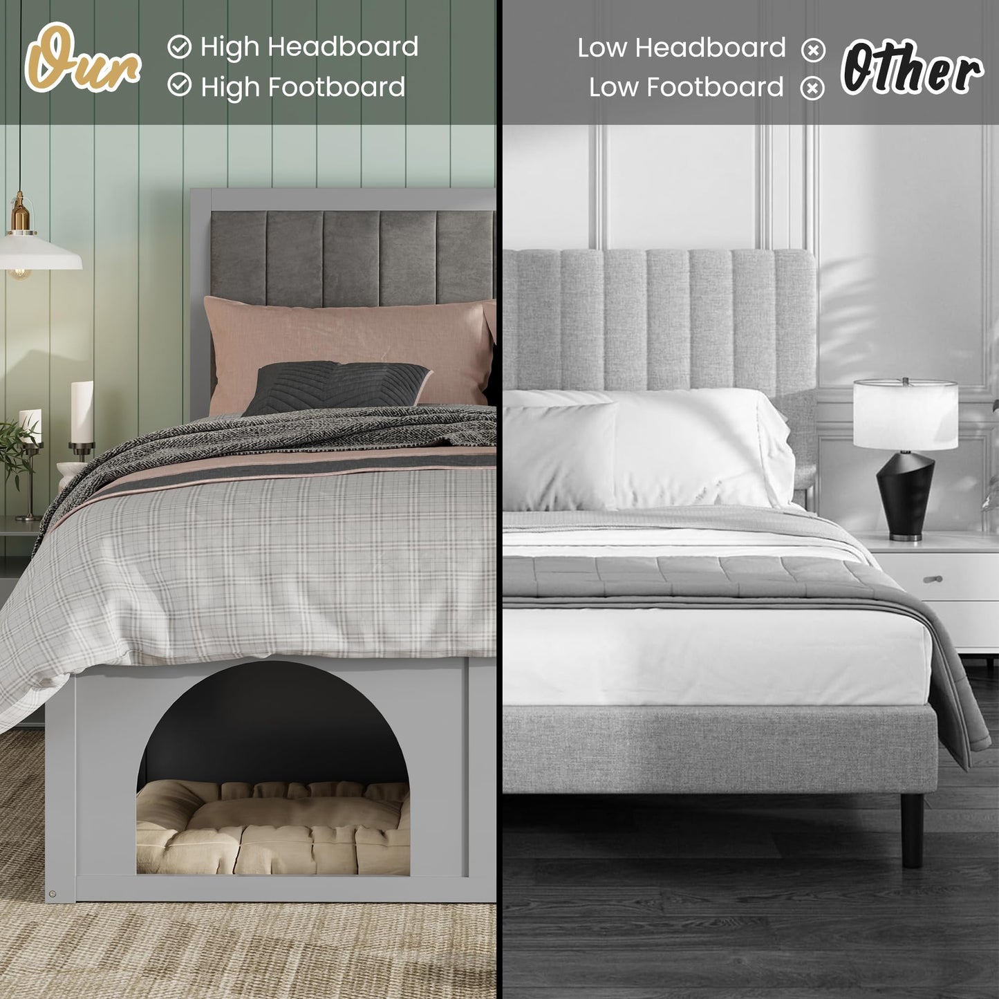 Merax Queen Platform Bed – Heavy Duty Metal Bed Frame with Pet-Friendly Under-Bed Nook, Space-Saving Storage, Upholstered Headboard, Wood Slats Support & Elevated Modern Design, Light Grey