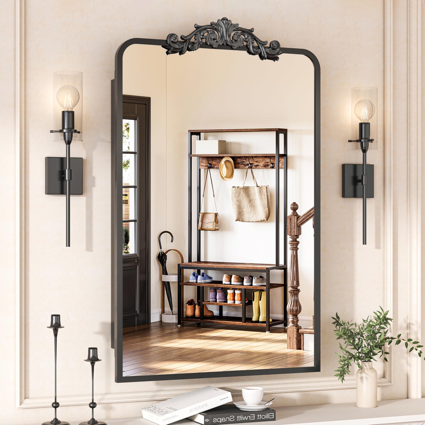 Batuso 35"x24" Bathroom Medicine Cabinet with Vintage Arched Mirror - All-Metal Black Medicine Cabinets with Hand-Painted Aluminum Door Frame, 2 Stable & Removable Shelves, Black