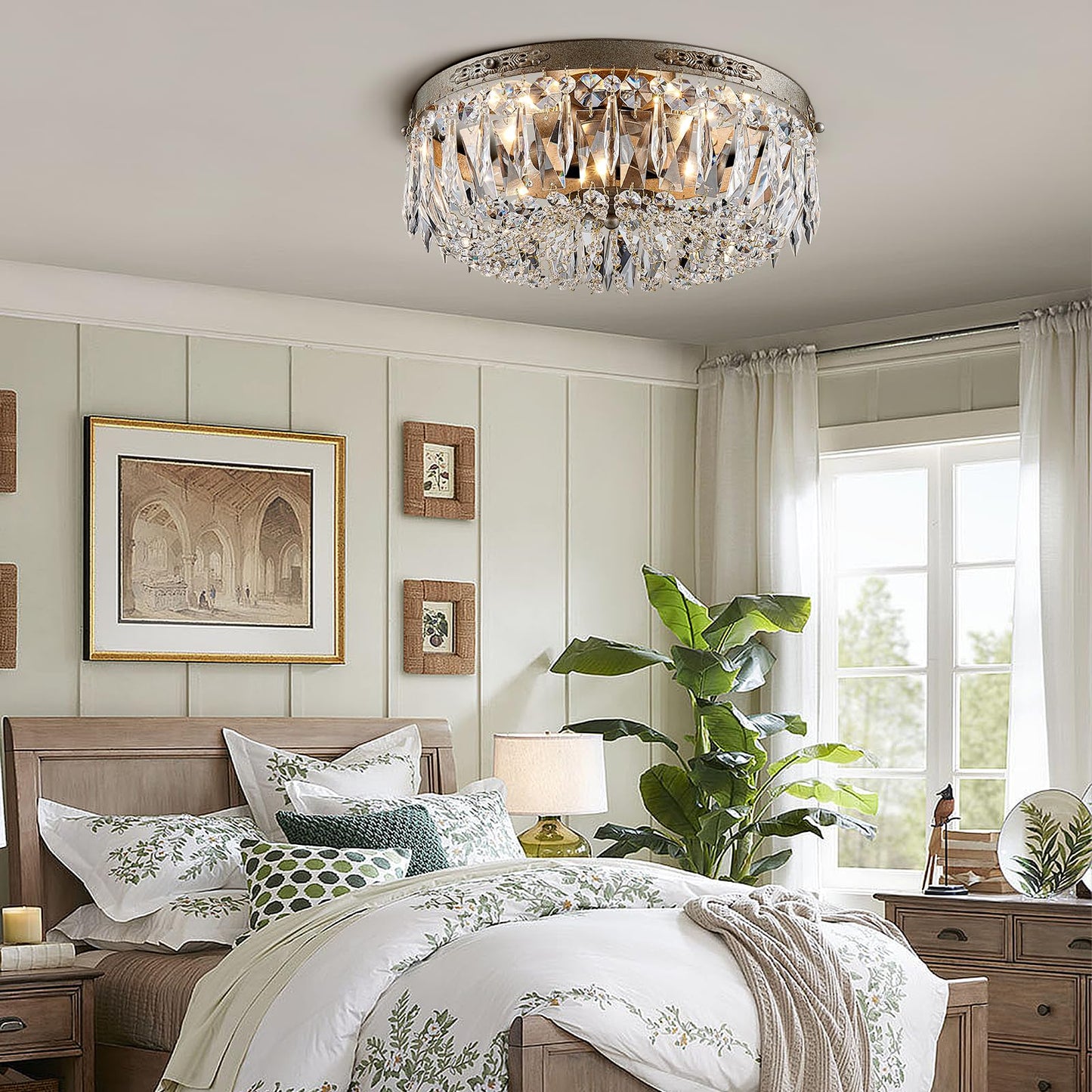 Bestier Antique Silver Semi Flush Mount Chandelier Lighting for Dining Room, 4 E12 Bulbs Required, D14in x H8in